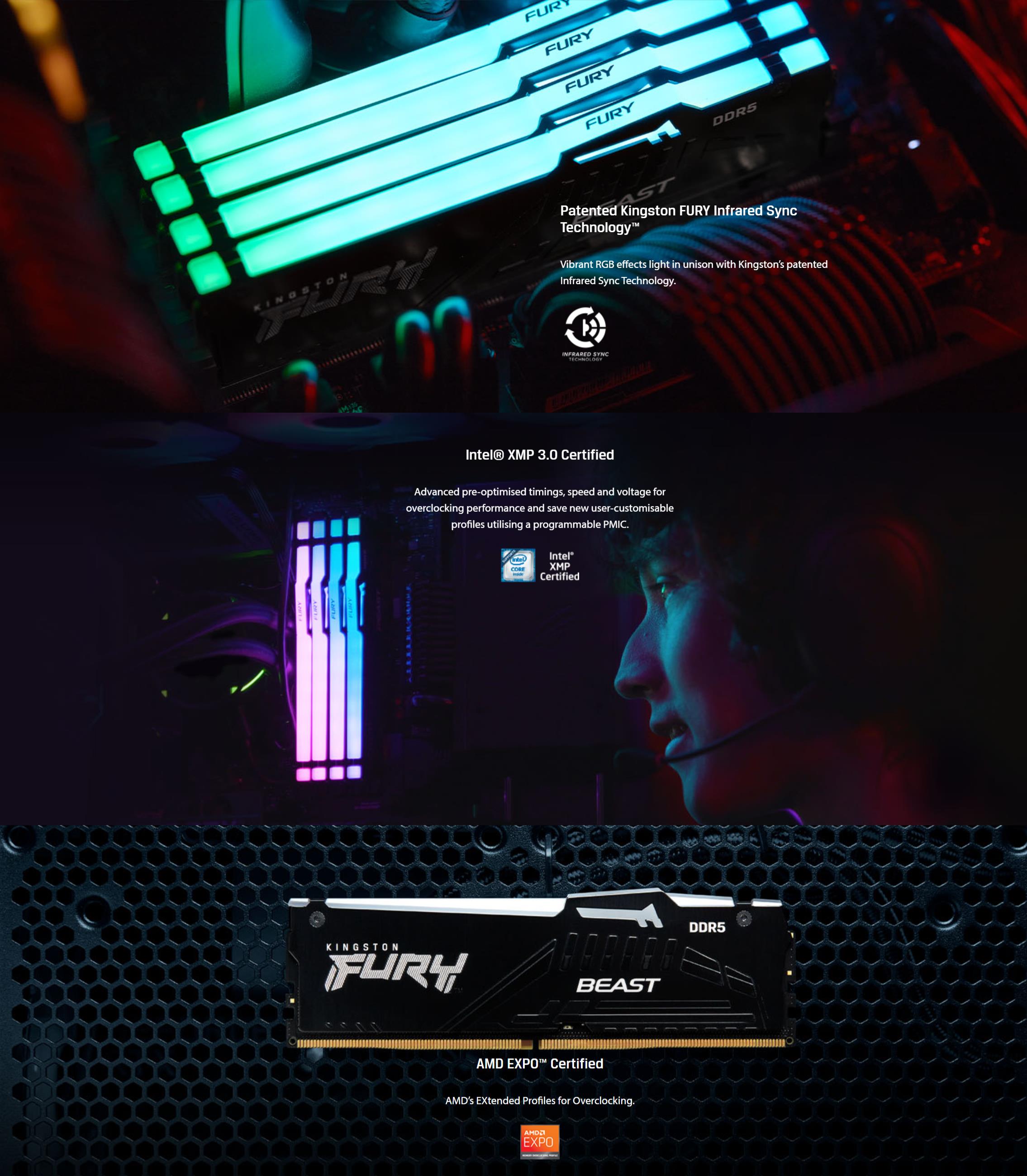 A large marketing image providing additional information about the product Kingston 32GB Kit (2x16GB) DDR5 Fury Beast RGB C40 5200MHz - White - Additional alt info not provided