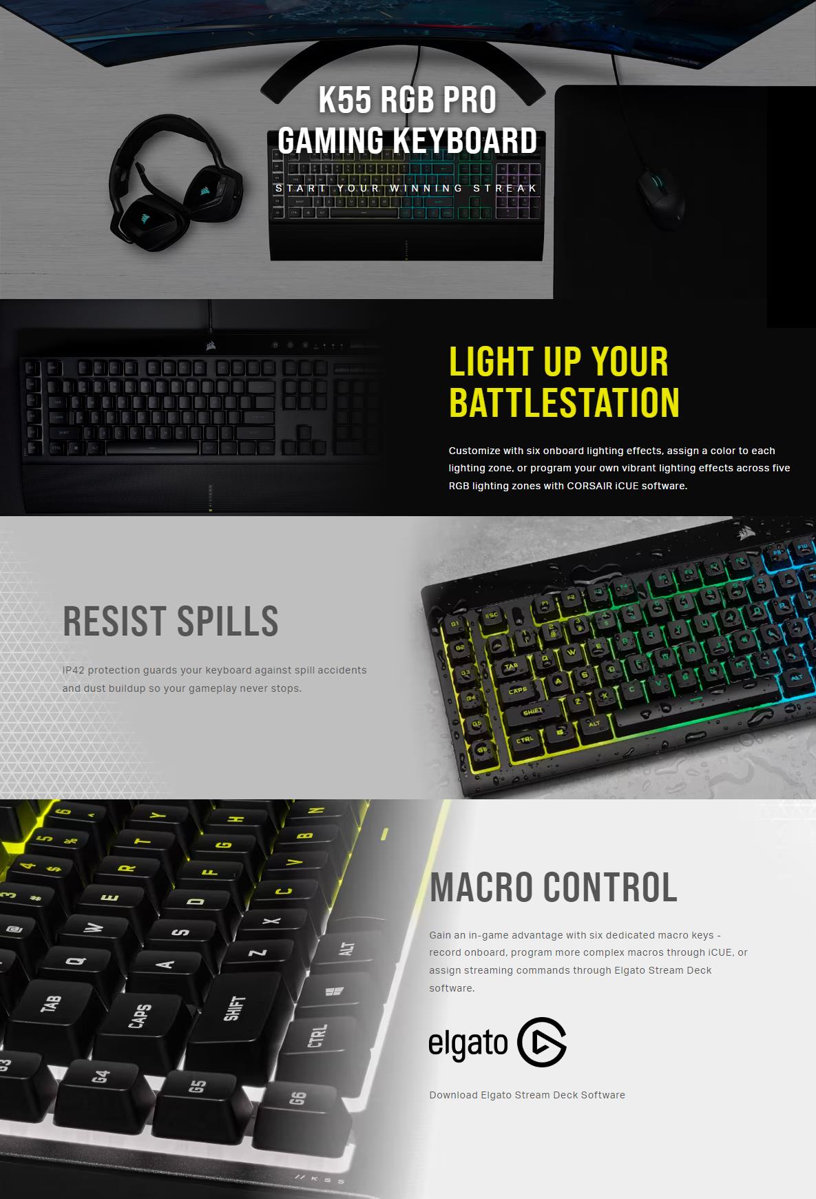 A large marketing image providing additional information about the product Corsair Gaming K55 Pro Lite RGB Corded Keyboard  - Additional alt info not provided
