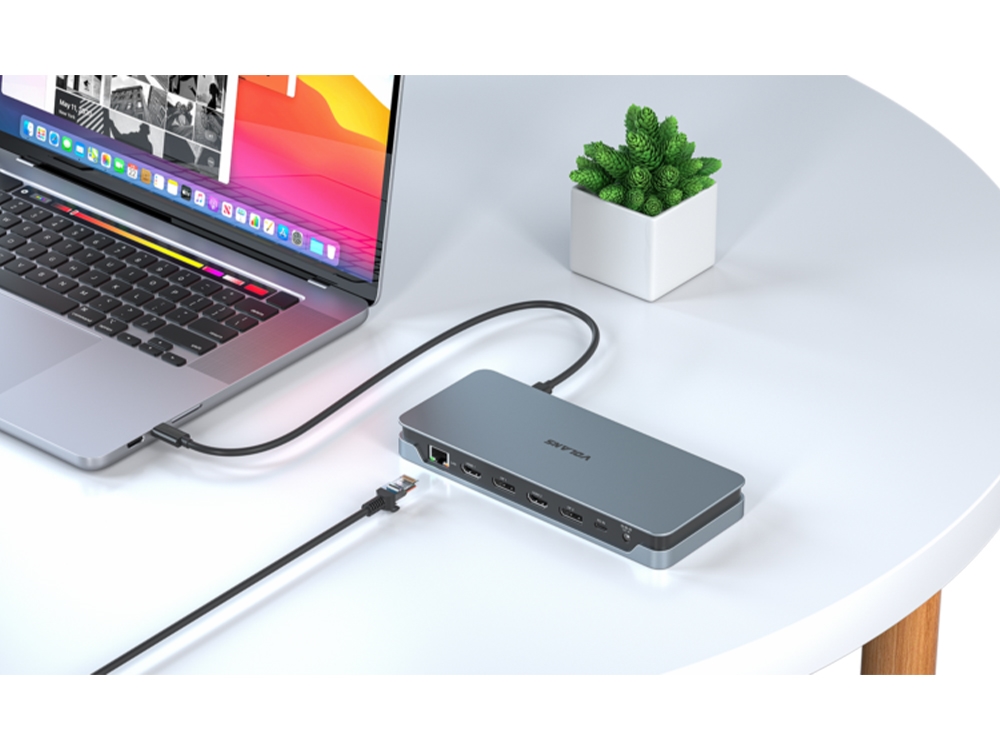 A large marketing image providing additional information about the product Volans Aluminium 14-in-1 Quadruple 4K Display Multifunctional USB-C Docking Station - Additional alt info not provided