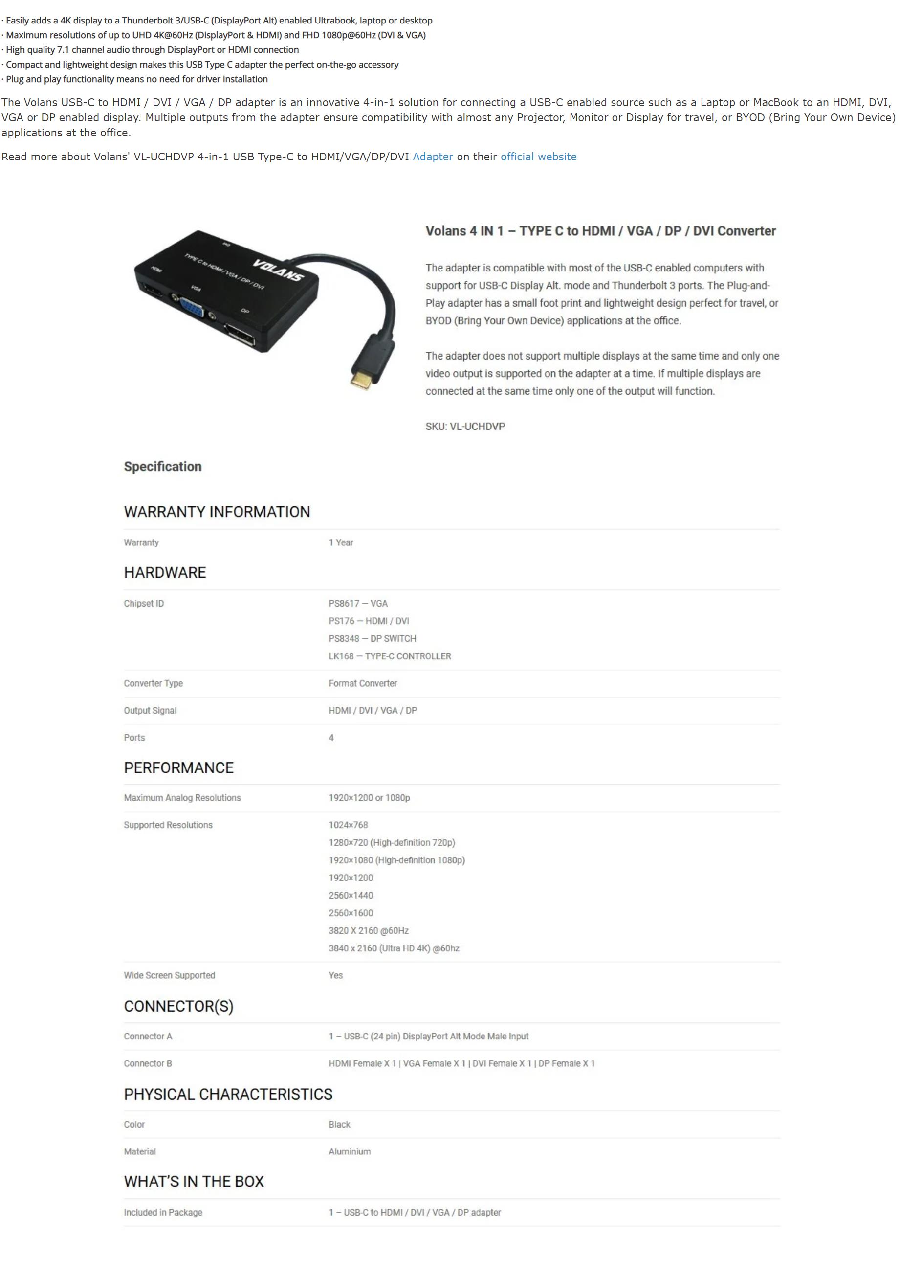 A large marketing image providing additional information about the product Volans 4 in 1 – Type C to HDMI/VGA/DP/DVI Converter - Additional alt info not provided