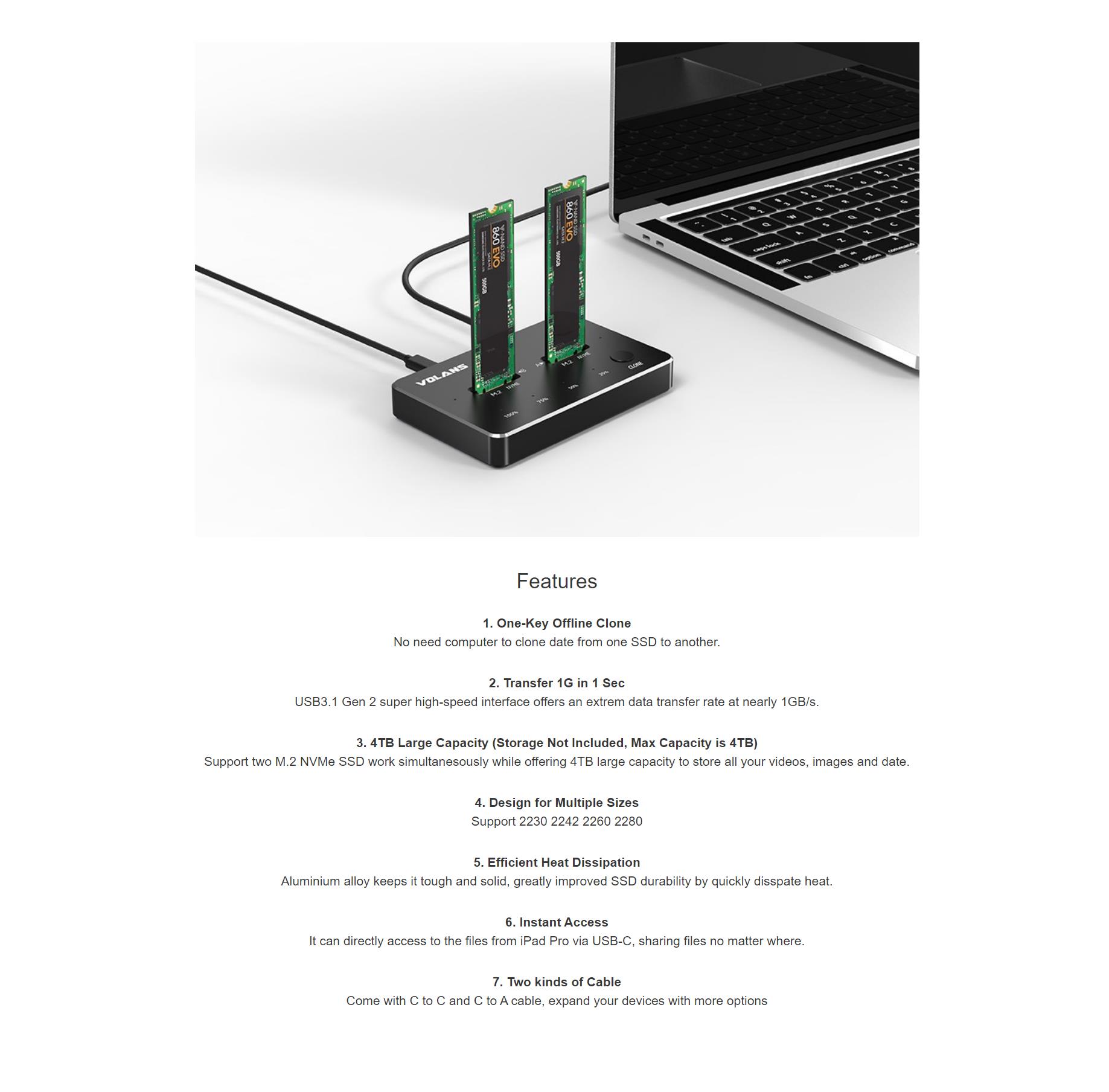 A large marketing image providing additional information about the product Volans Aluminium 2-Bay USB-C NVMe PCIe SSD Docking Station - Additional alt info not provided