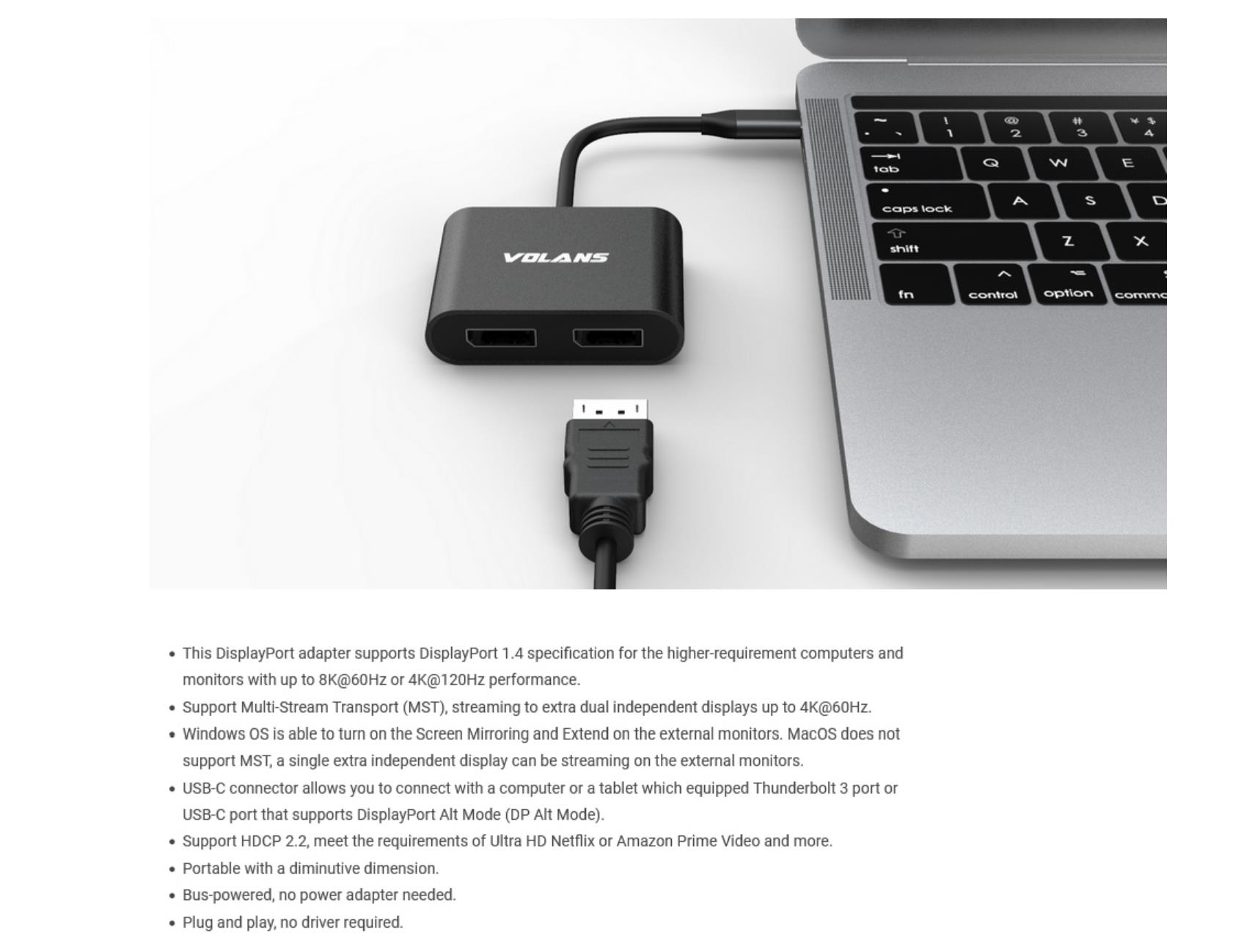 A large marketing image providing additional information about the product Volans Aluminium 8K USB-C to Dual DisplayPort Adapter with MST Dual Monitor - Additional alt info not provided