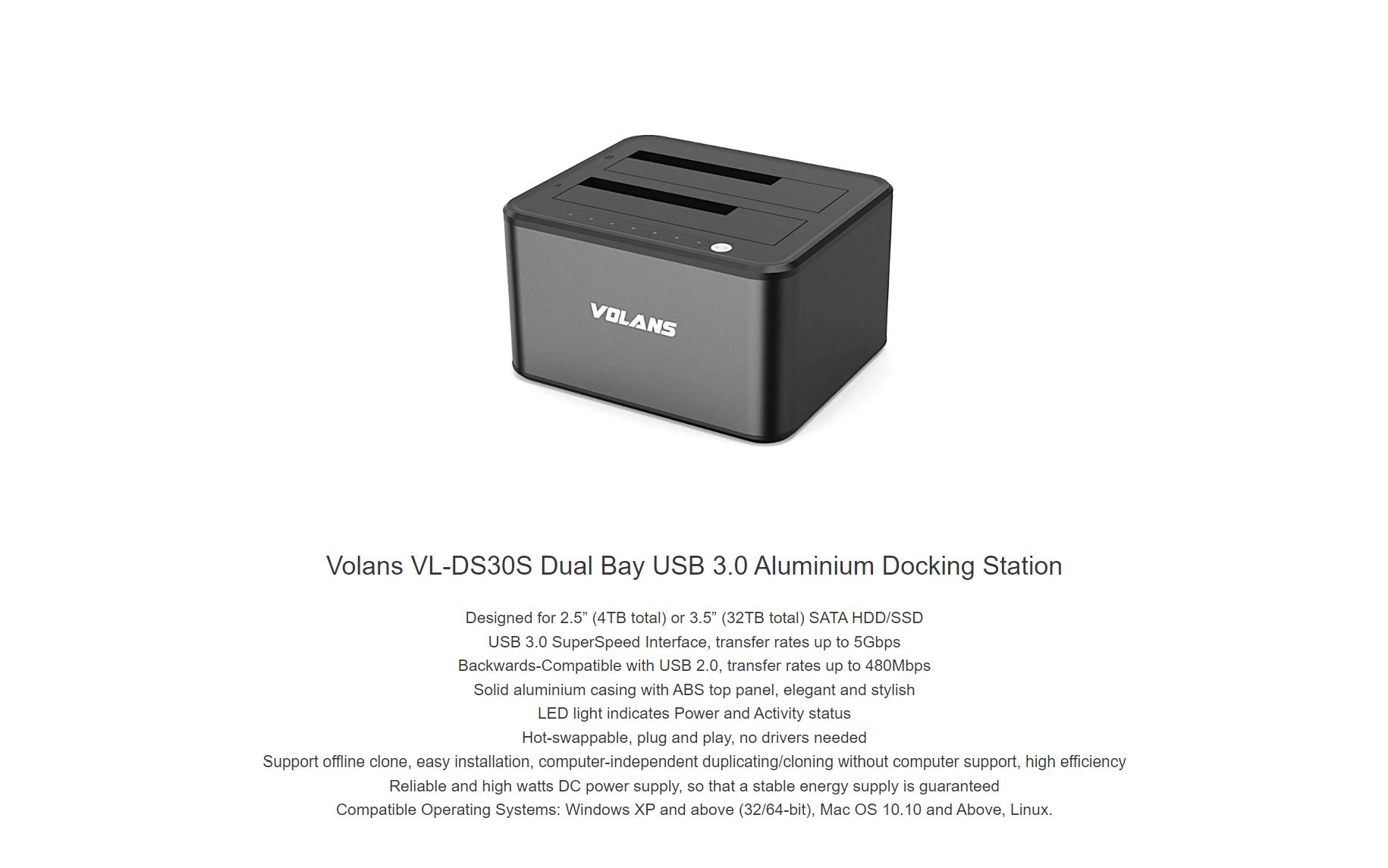 A large marketing image providing additional information about the product Volans VL-DS30S Aluminium Dual Bay USB 3.0 Docking Station - Additional alt info not provided