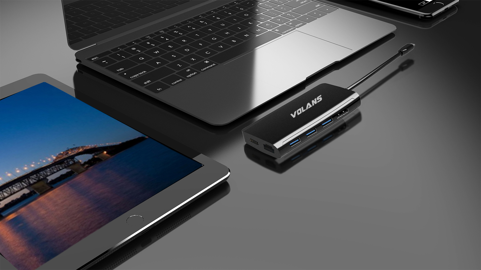 A large marketing image providing additional information about the product Volans Aluminium USB-C Multiport Adapter with PD, HDMI2.0, LAN, 3xUSB3.0 & Card Reader - Additional alt info not provided