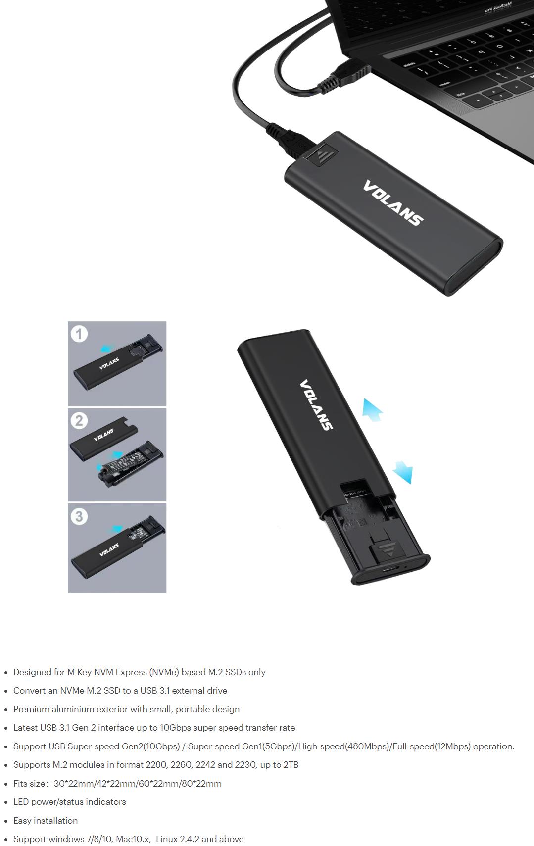 A large marketing image providing additional information about the product Volans Aluminium NVMe PCIe M.2 SSD to USB3.1 Gen 2 Type C Enclosure - Additional alt info not provided