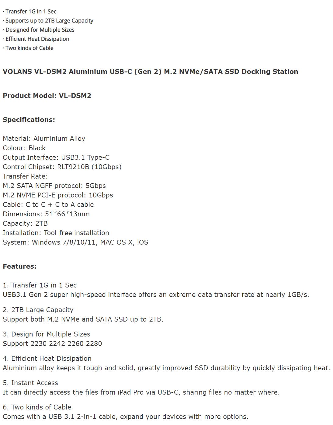 A large marketing image providing additional information about the product Volans DSM2 Aluminium USB-C (Gen 2) M.2 NVMe/SATA SSD Docking Station - Additional alt info not provided