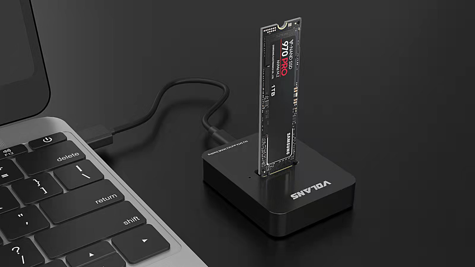 A large marketing image providing additional information about the product Volans DSM2 Aluminium USB-C (Gen 2) M.2 NVMe/SATA SSD Docking Station - Additional alt info not provided