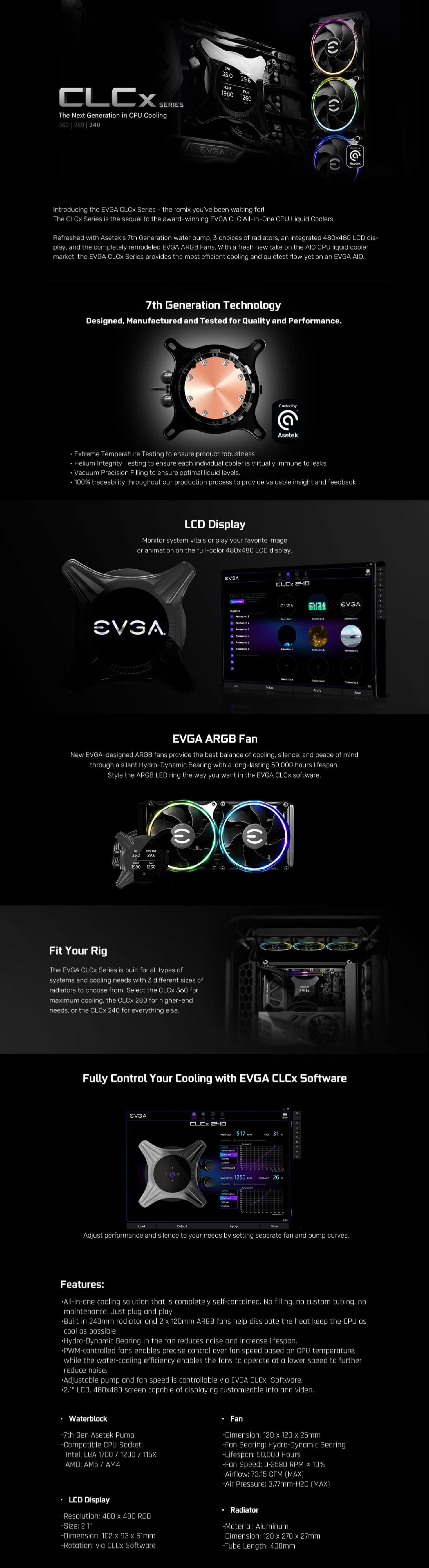 A large marketing image providing additional information about the product EVGA CLCx 240mm AIO LCD Liquid CPU Cooler - Additional alt info not provided