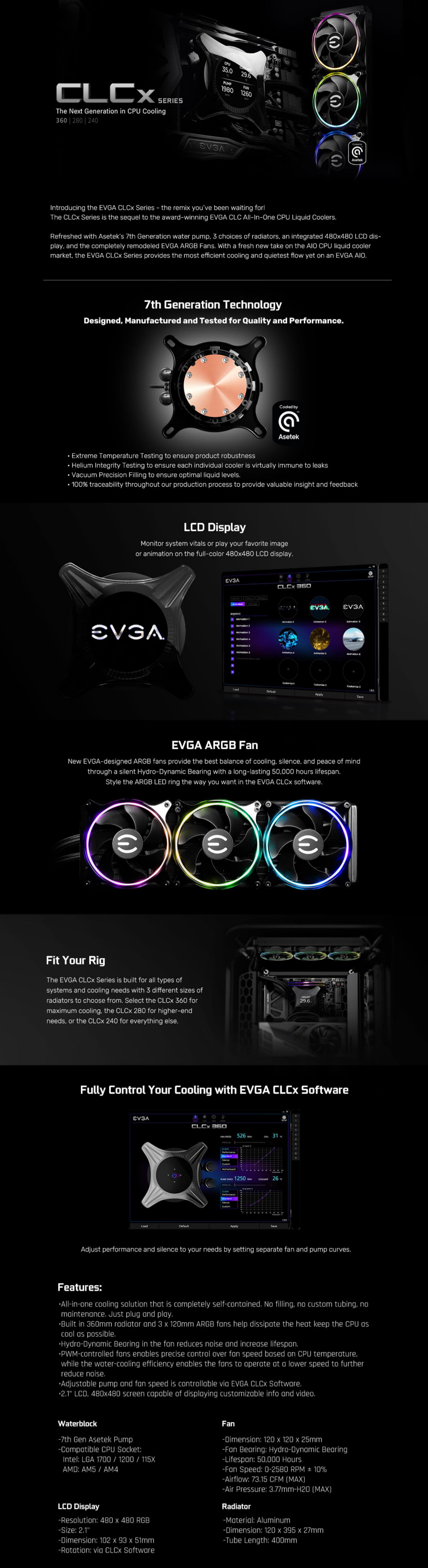 A large marketing image providing additional information about the product EVGA CLCx 360mm AIO LCD Liquid CPU Cooler - Additional alt info not provided
