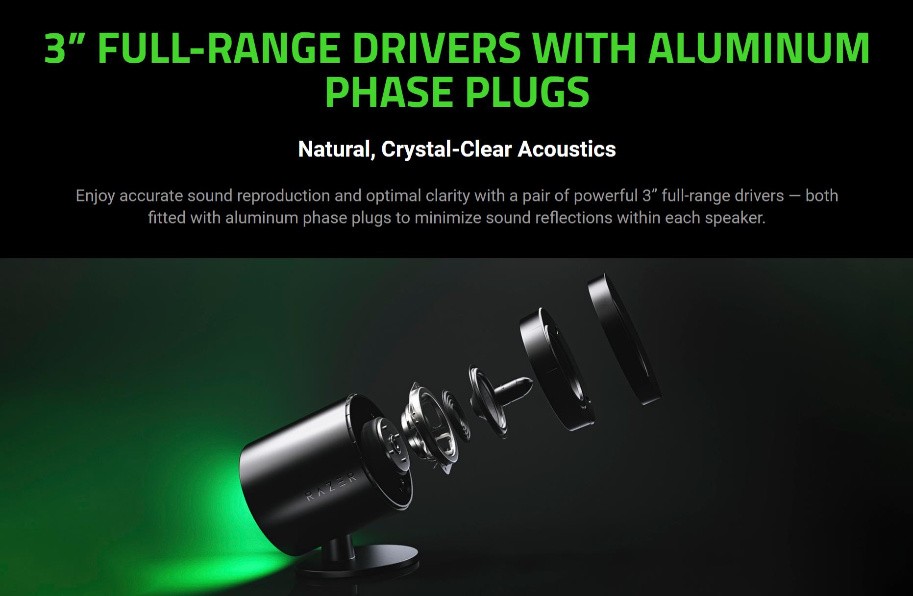 A large marketing image providing additional information about the product Razer Nommo V2 - Full-Range 2.1 PC Gaming Speakers with Wired Subwoofer  - Additional alt info not provided