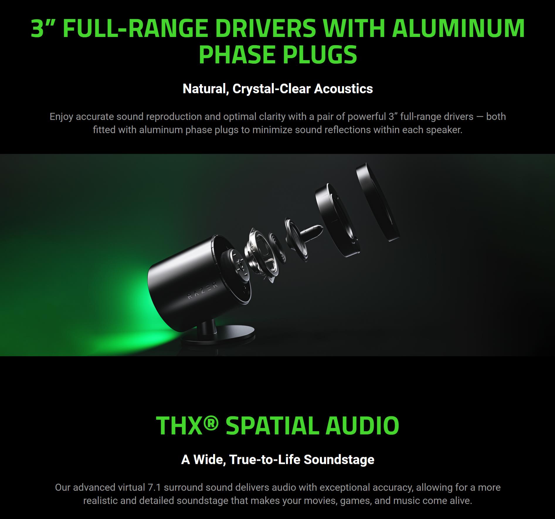 A large marketing image providing additional information about the product Razer Nommo V2 Pro Full-Range 2.1 PC Gaming Speakers with Wireless Subwoofer  - Additional alt info not provided