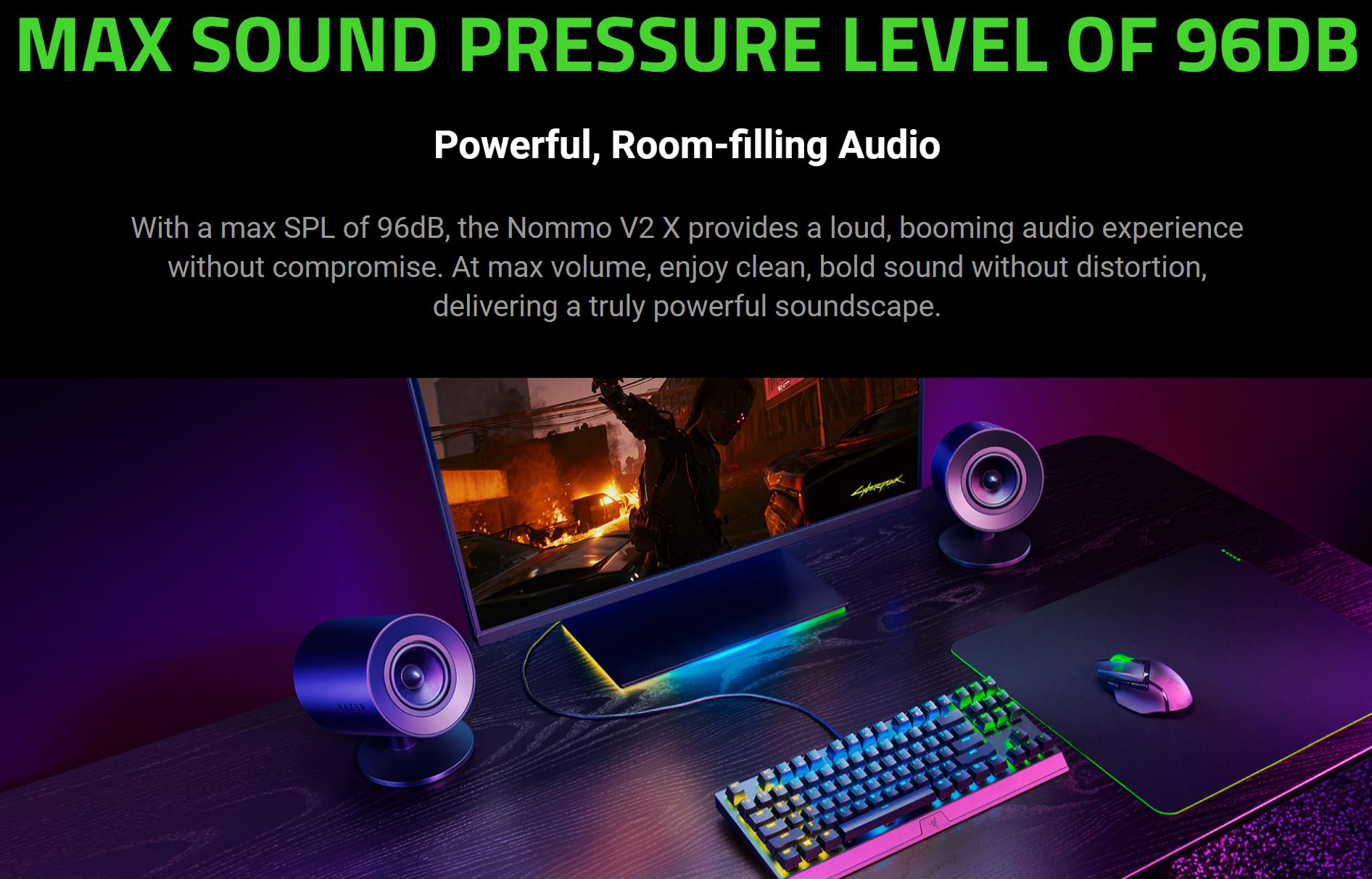 A large marketing image providing additional information about the product Razer Nommo V2 X - Full-Range 2.0 PC Gaming Speakers  - Additional alt info not provided