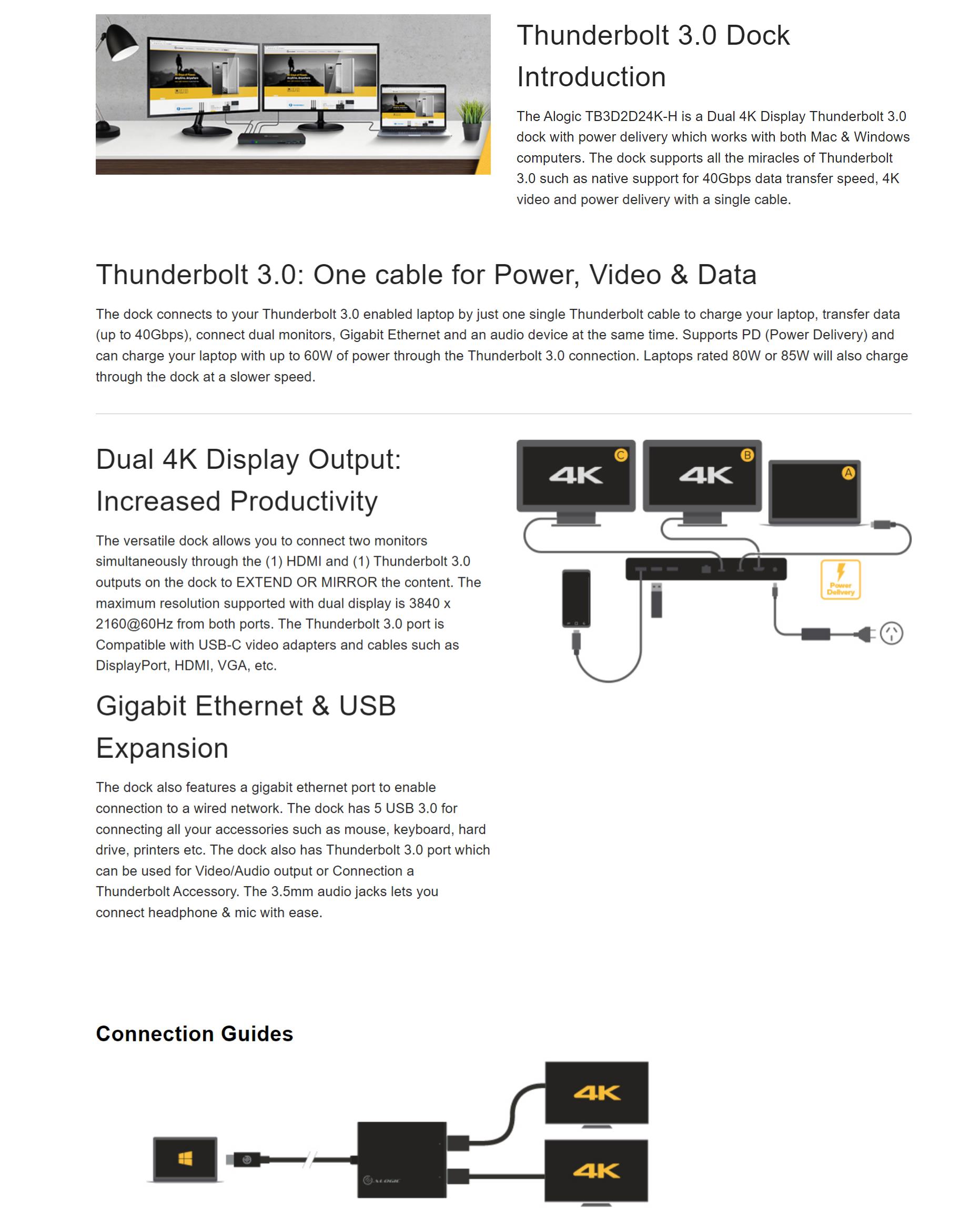 A large marketing image providing additional information about the product ALOGIC Thunderbolt 3 Dual Display Docking Station with 4K and Power Delivery - Additional alt info not provided