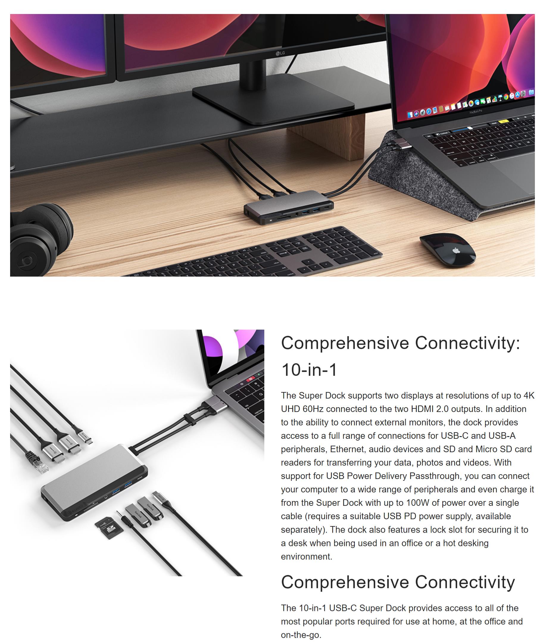 A large marketing image providing additional information about the product ALOGIC USB-C Super Dock 10-in-1 with Dual Display 4K - Space Grey - Additional alt info not provided