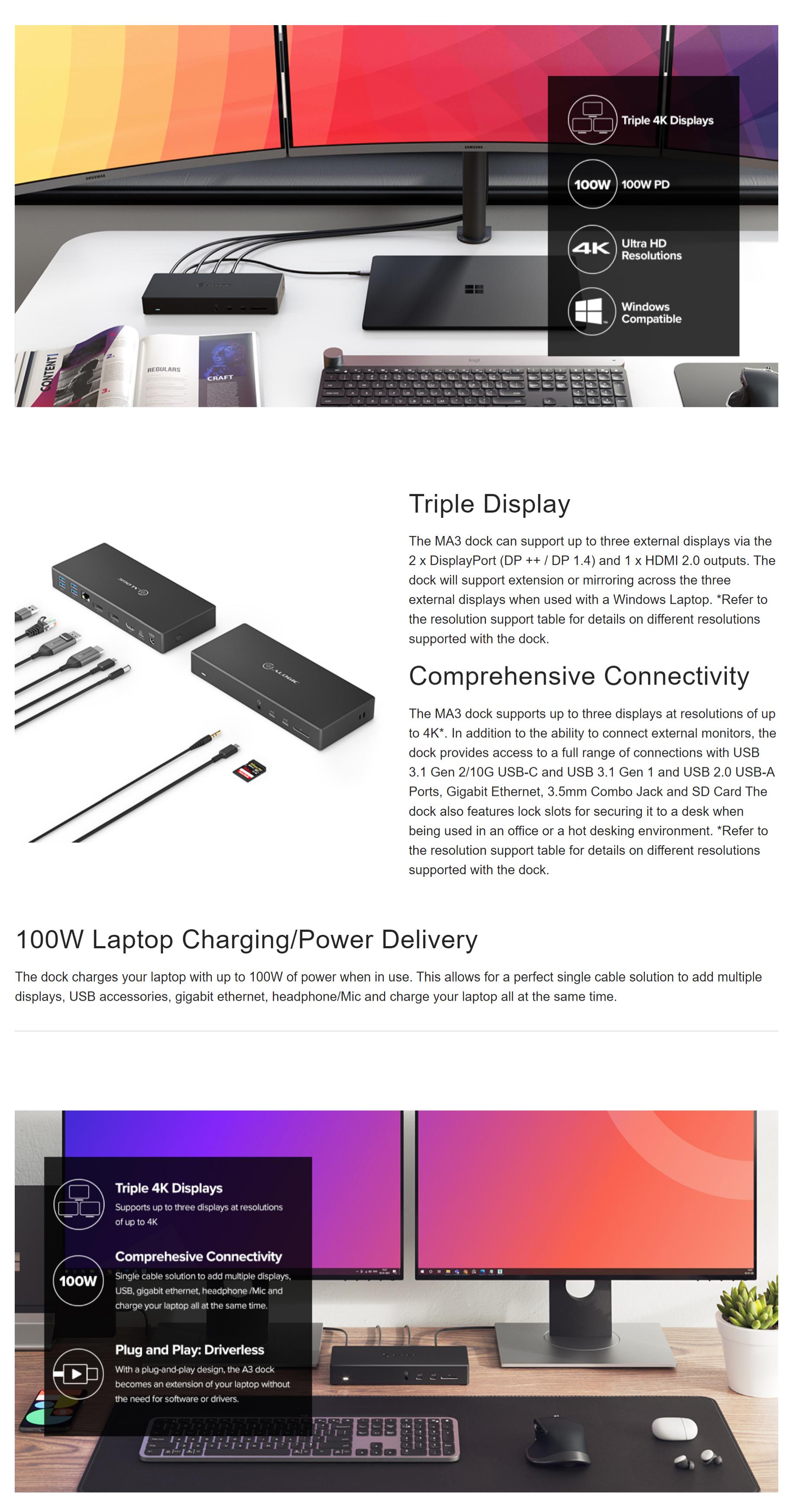 A large marketing image providing additional information about the product ALOGIC USB-C Triple Display Docking Station w/ 100W Power Delivery - Additional alt info not provided
