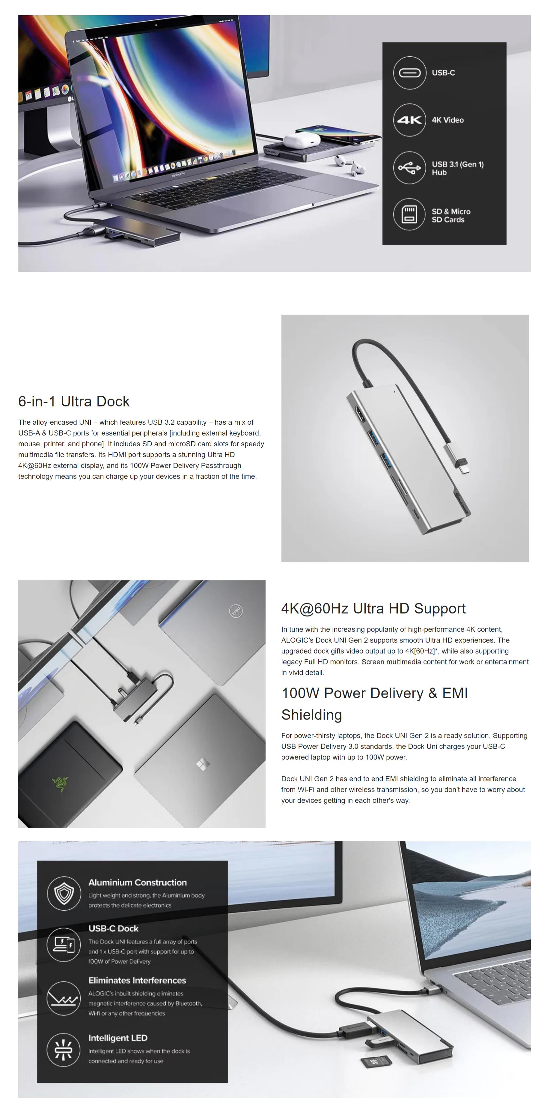 A large marketing image providing additional information about the product ALOGIC USB-C Ultra Dock UNI Gen 2 w/ Power Delivery - Additional alt info not provided