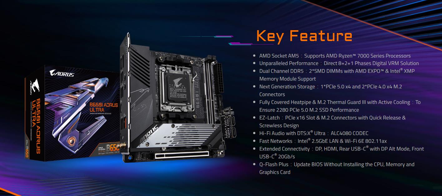 A large marketing image providing additional information about the product Gigabyte B650I AORUS ULTRA AM5 Mini ITX Desktop Motherboard - Additional alt info not provided