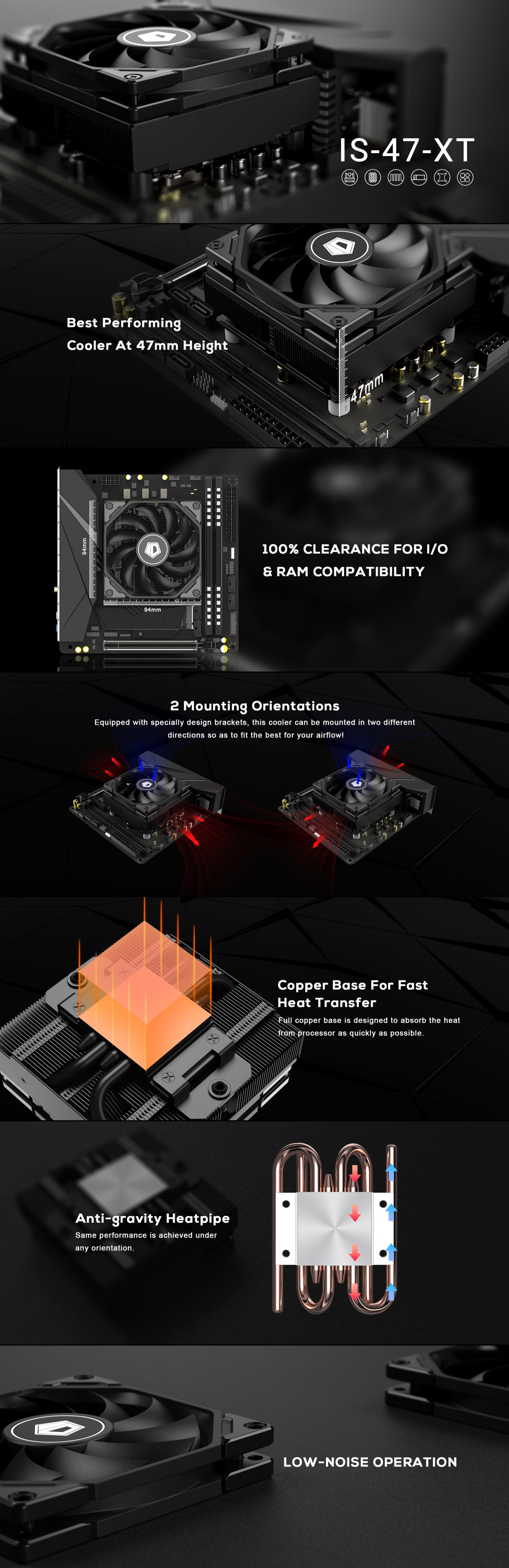A large marketing image providing additional information about the product ID-COOLING Iceland Series IS-47-XT Low Profile CPU Cooler - Black - Additional alt info not provided
