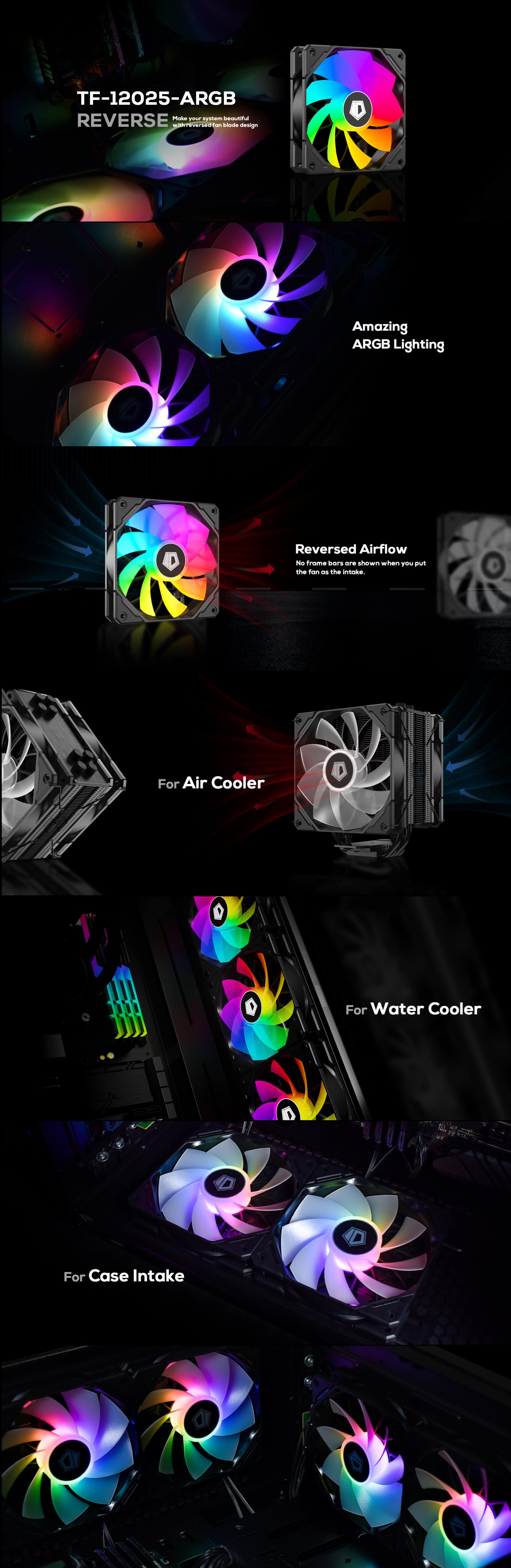 A large marketing image providing additional information about the product ID-COOLING TF Series 120mm ARGB Reverse Case Fan - Black - Additional alt info not provided