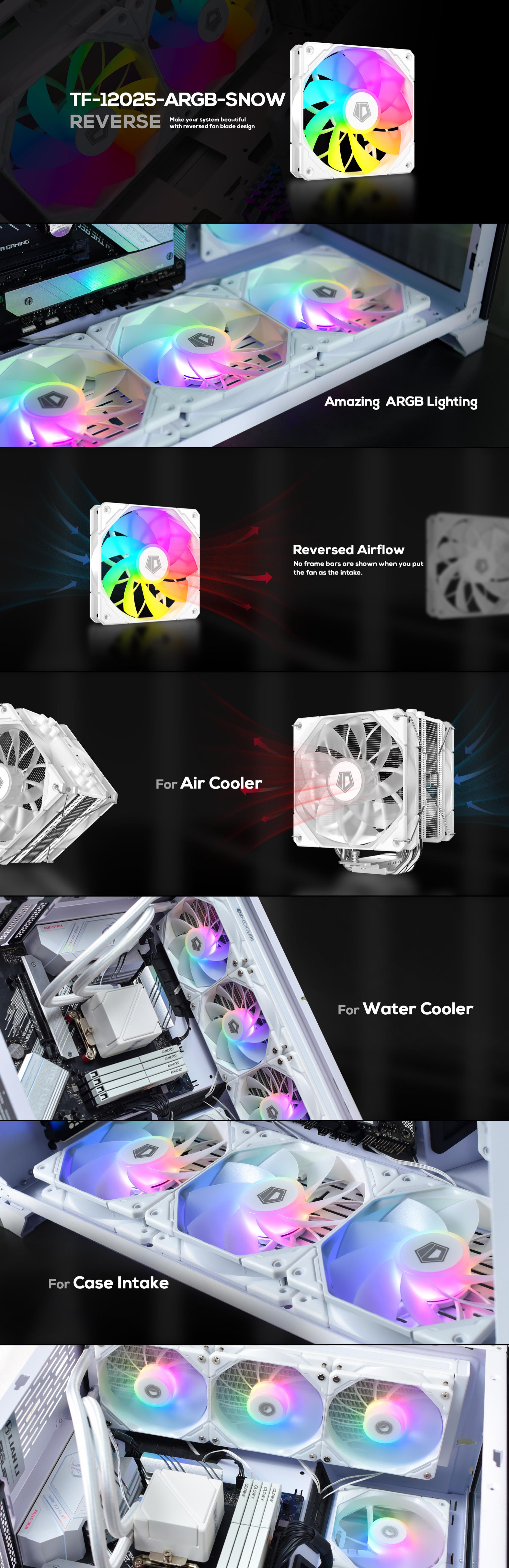 A large marketing image providing additional information about the product ID-COOLING TF Series 120mm ARGB Reverse Case Fan - Snow Edition - Additional alt info not provided