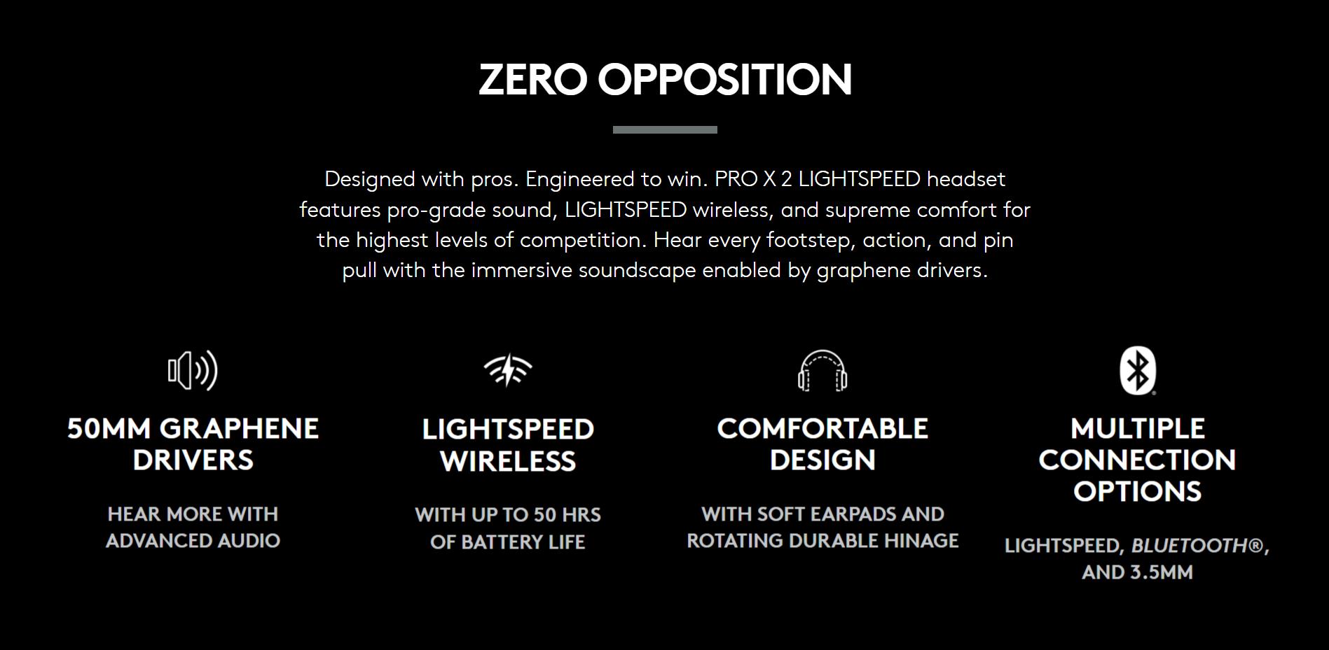 A large marketing image providing additional information about the product Logitech PRO X 2 LIGHTSPEED Wireless Gaming Headset - Black - Additional alt info not provided