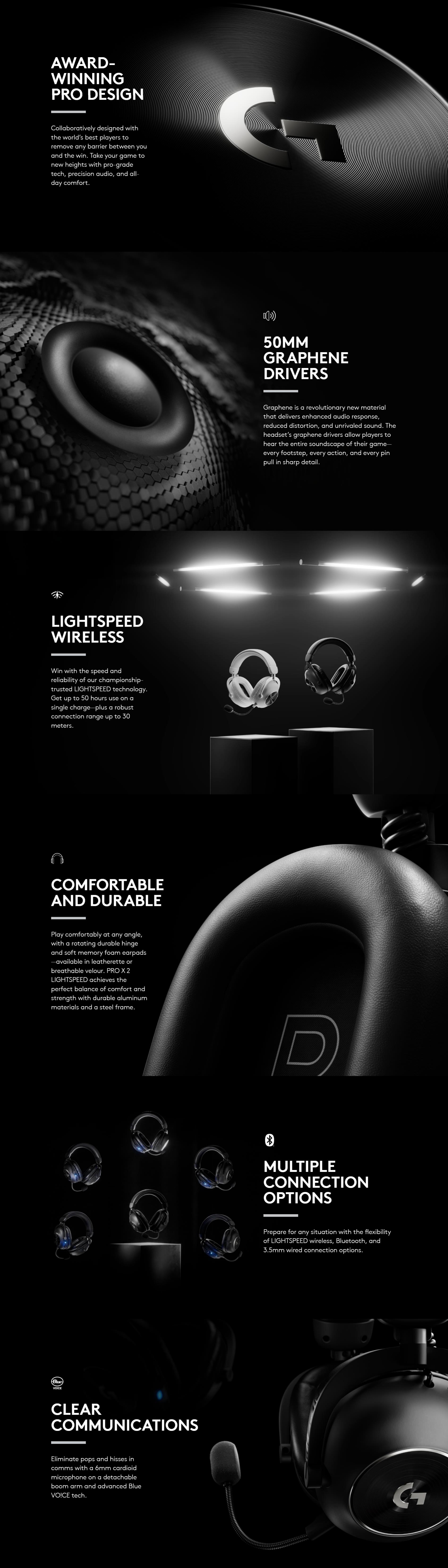 A large marketing image providing additional information about the product Logitech PRO X 2 LIGHTSPEED Wireless Gaming Headset - Black - Additional alt info not provided
