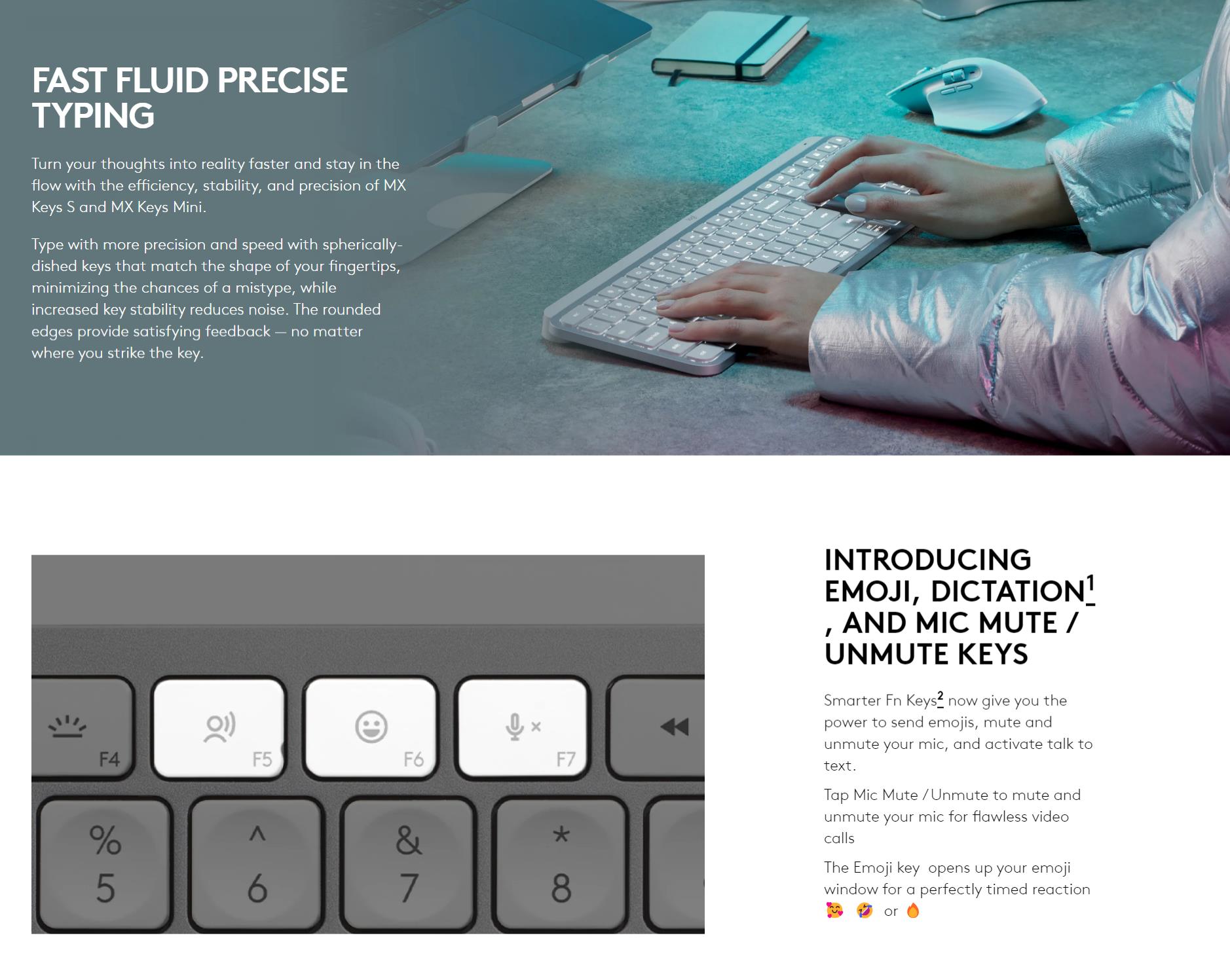 A large marketing image providing additional information about the product Logitech MX Keys S Wireless Keyboard - Graphite - Additional alt info not provided