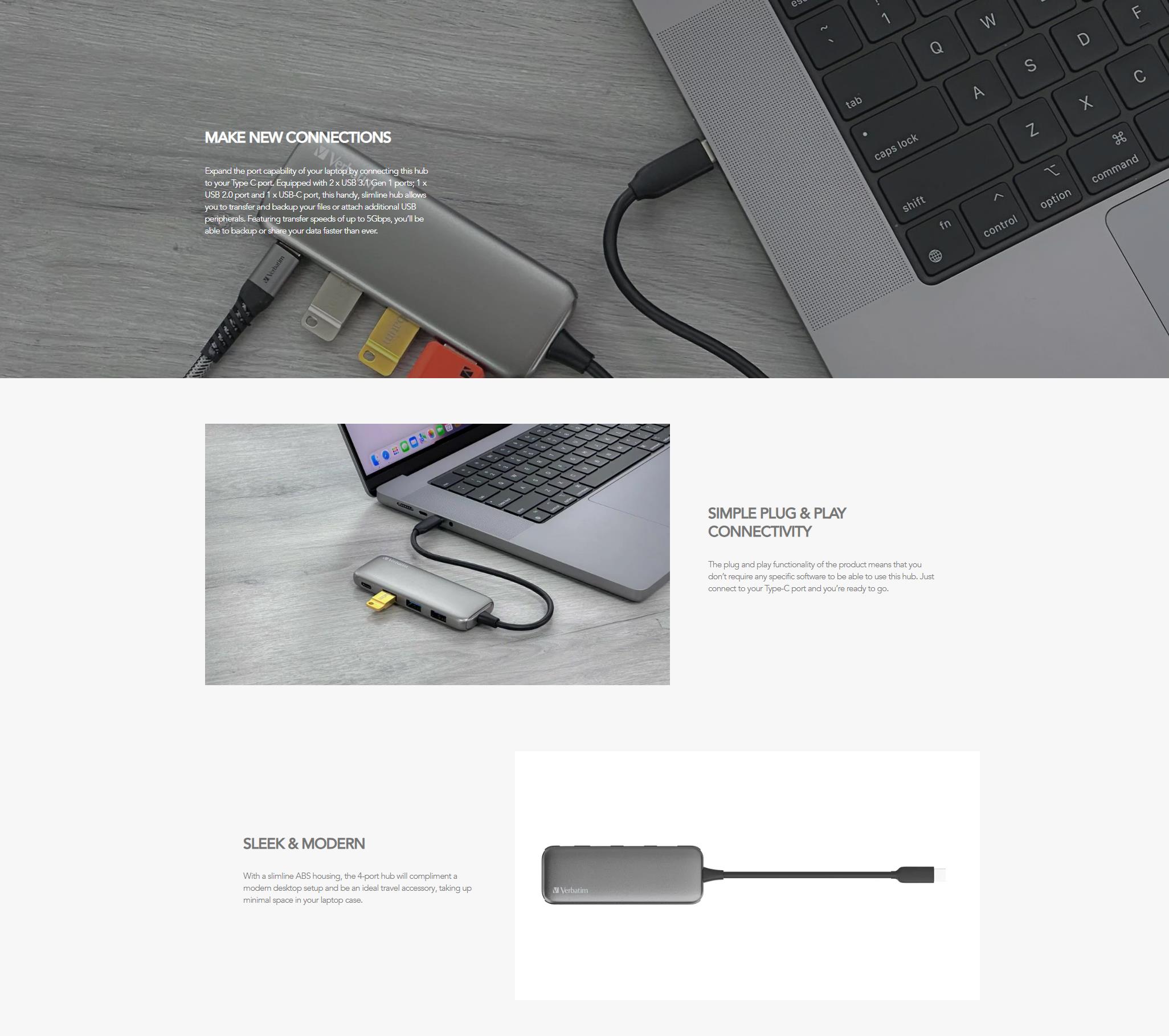 A large marketing image providing additional information about the product Verbatim USB-C Hub with 2x USB 3.0, 1x USB 2.0 1x USB C port - Space Grey - Additional alt info not provided