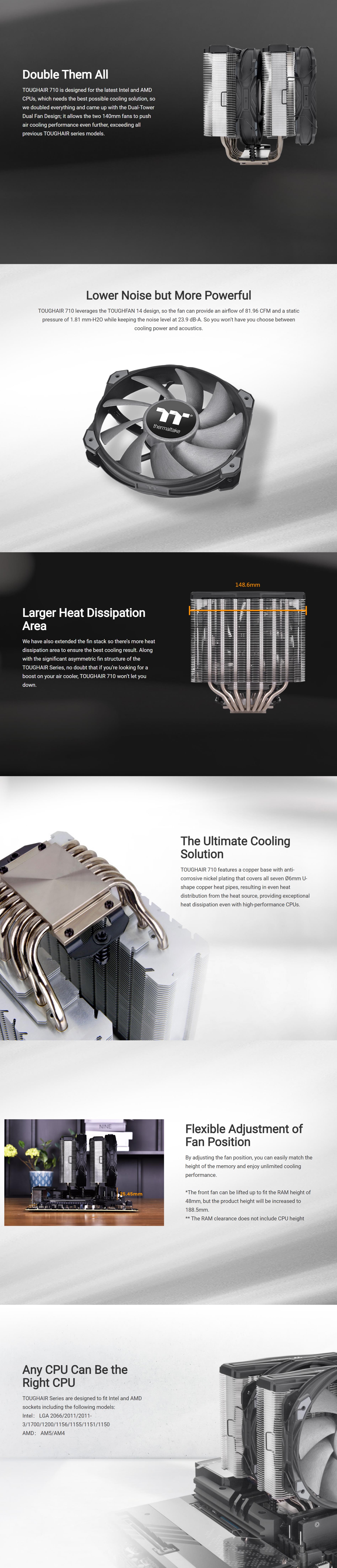 A large marketing image providing additional information about the product Thermaltake Toughair 710 Dual Tower CPU Cooler - Additional alt info not provided