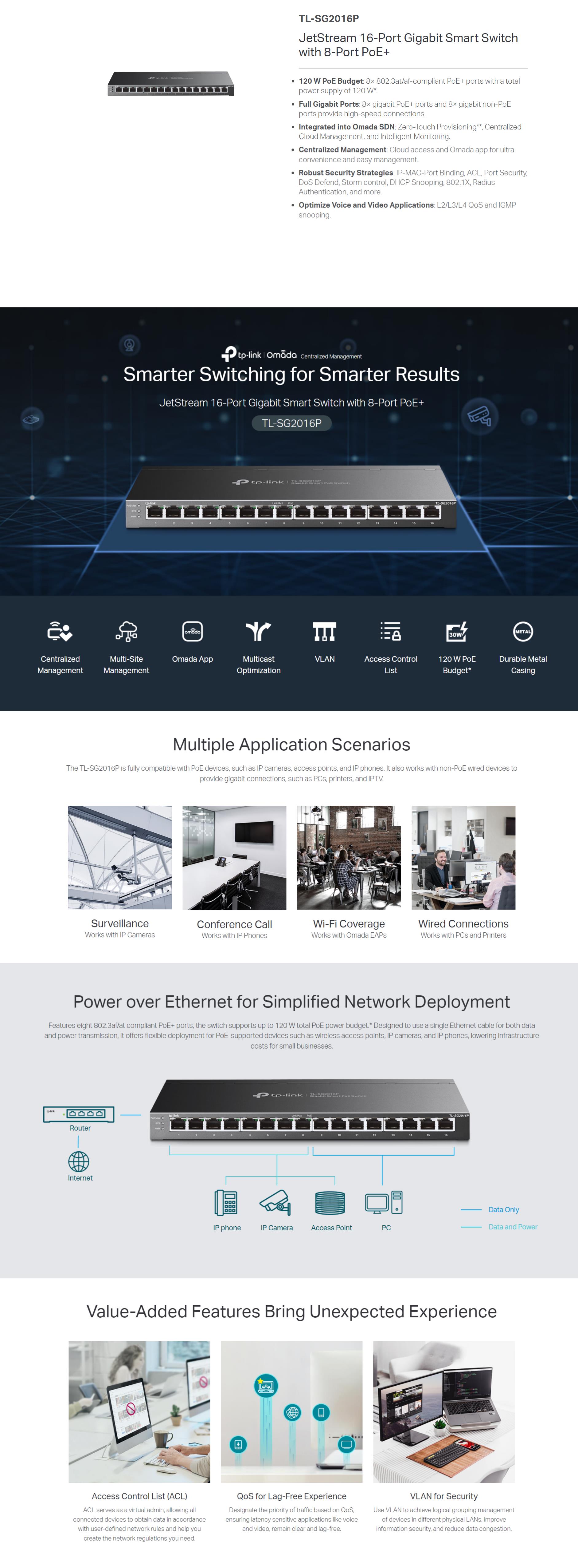 A large marketing image providing additional information about the product TP-Link JetStream TL-SG2016P - 16-Port Gigabit Smart Switch with 8-Port PoE+ - Additional alt info not provided