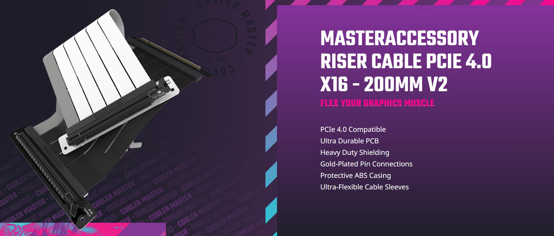 A large marketing image providing additional information about the product Cooler Master PCIe 4.0 X16 V2 Riser Cable - 200mm - Additional alt info not provided