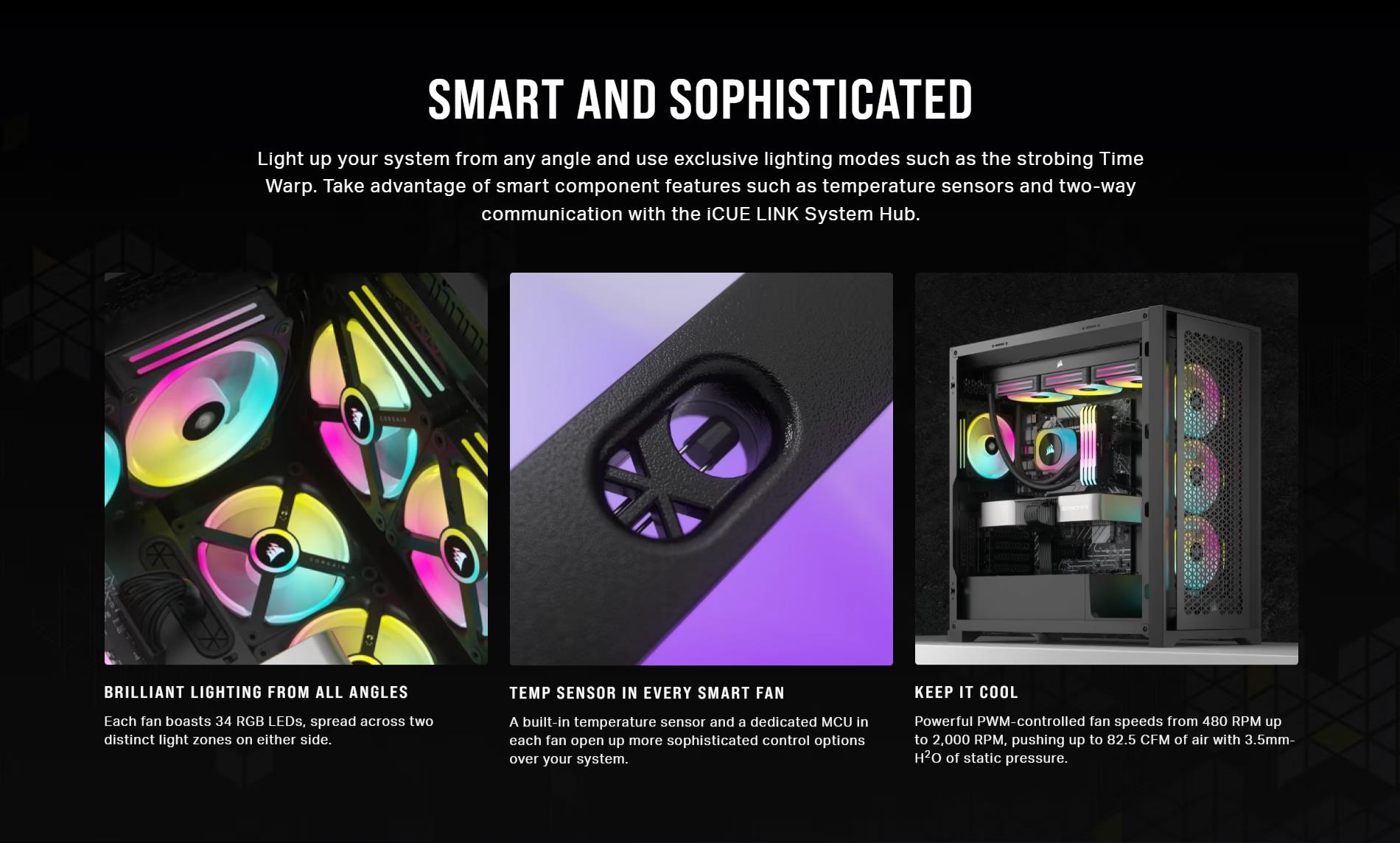 A large marketing image providing additional information about the product Corsair iCUE LINK QX140 RGB 140mm PWM Dual Fan Kit - Black - Additional alt info not provided