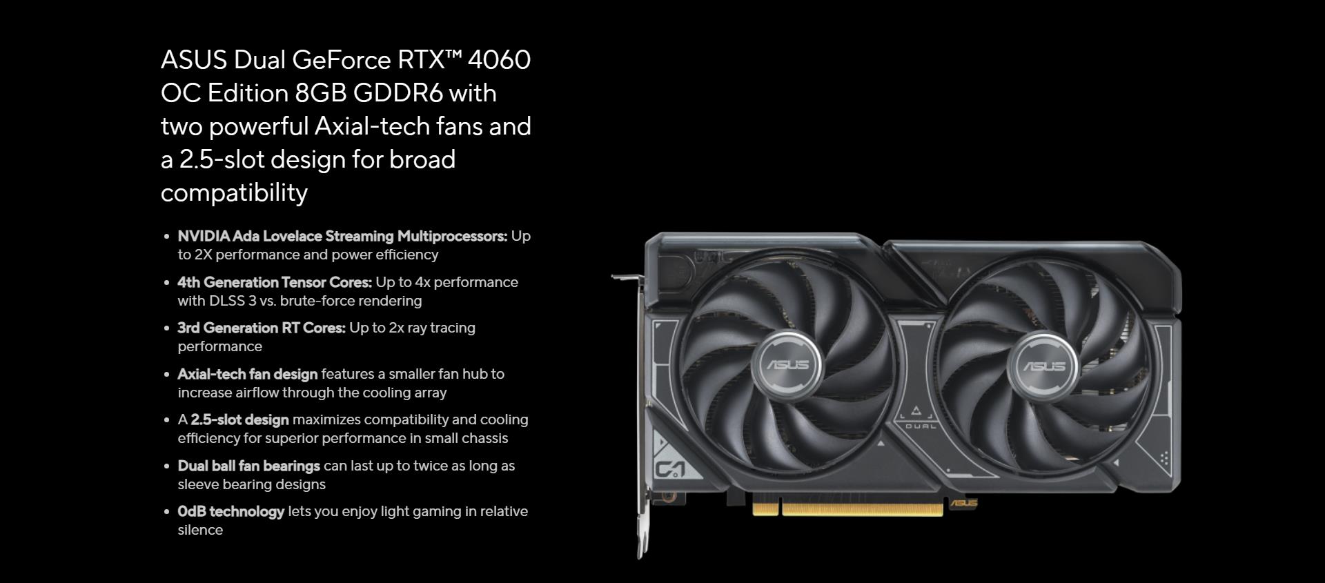 A large marketing image providing additional information about the product ASUS GeForce RTX 4060 Dual OC 8GB GDDR6 - Black - Additional alt info not provided