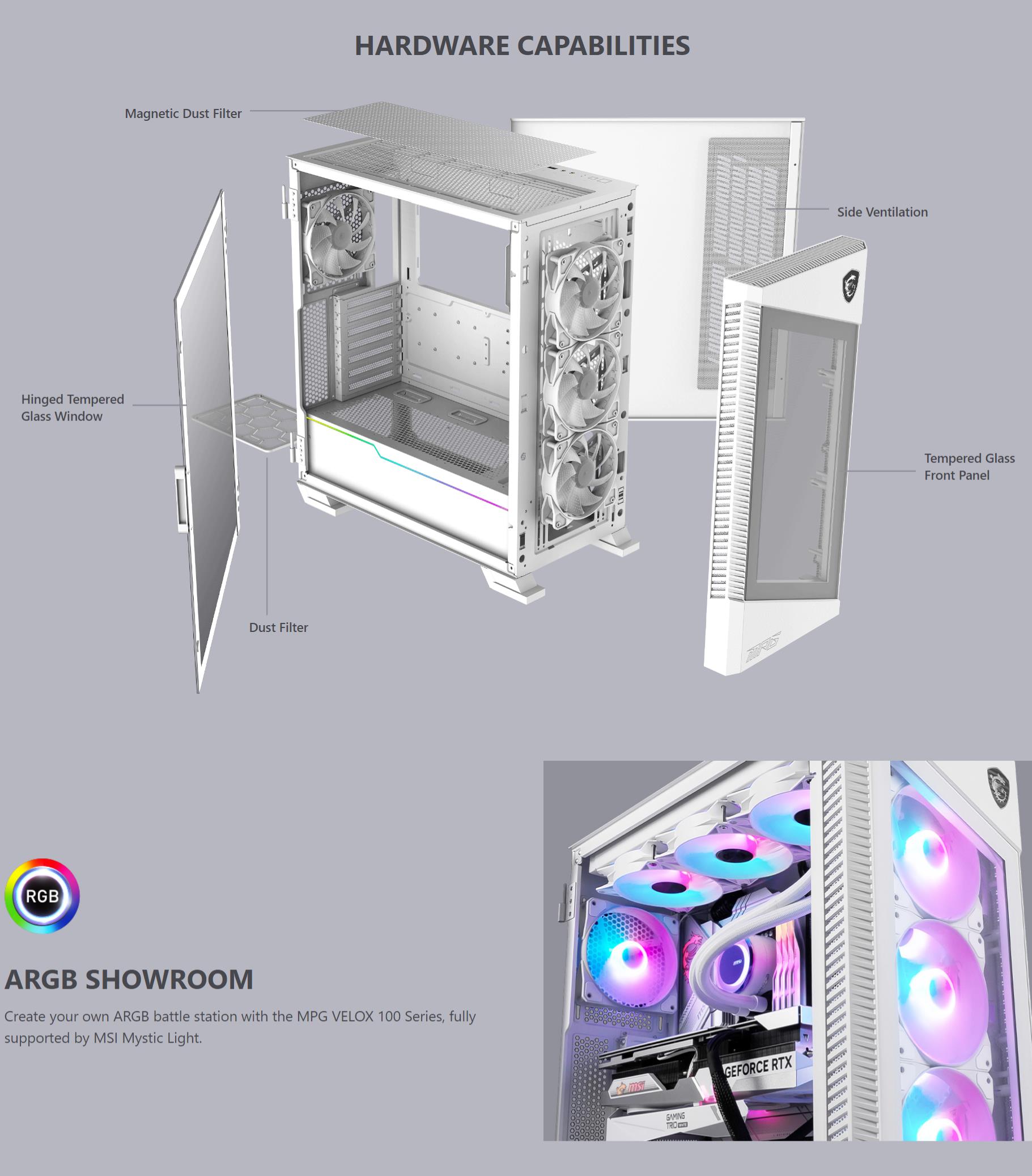 A large marketing image providing additional information about the product MSI MPG Velox 100R Mid Tower Case - White - Additional alt info not provided