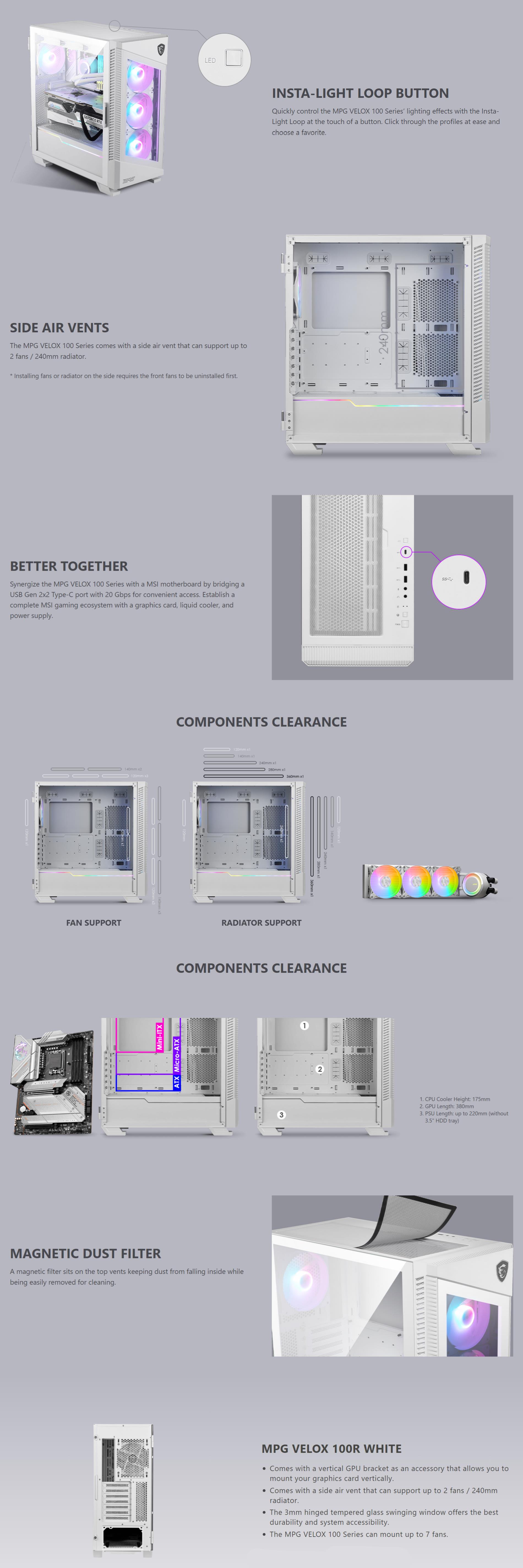 A large marketing image providing additional information about the product MSI MPG Velox 100R Mid Tower Case - White - Additional alt info not provided