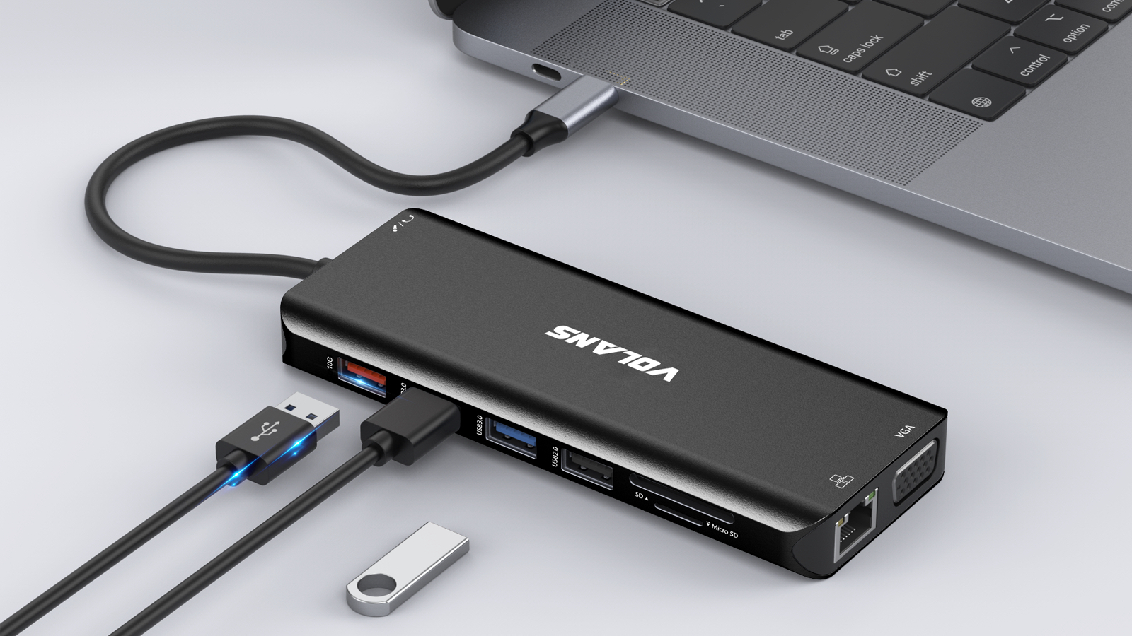A large marketing image providing additional information about the product Volans Aluminium 14-in-1 Triple Display Multifunctional USB-C Hub - With 100W Power Delivery - Additional alt info not provided
