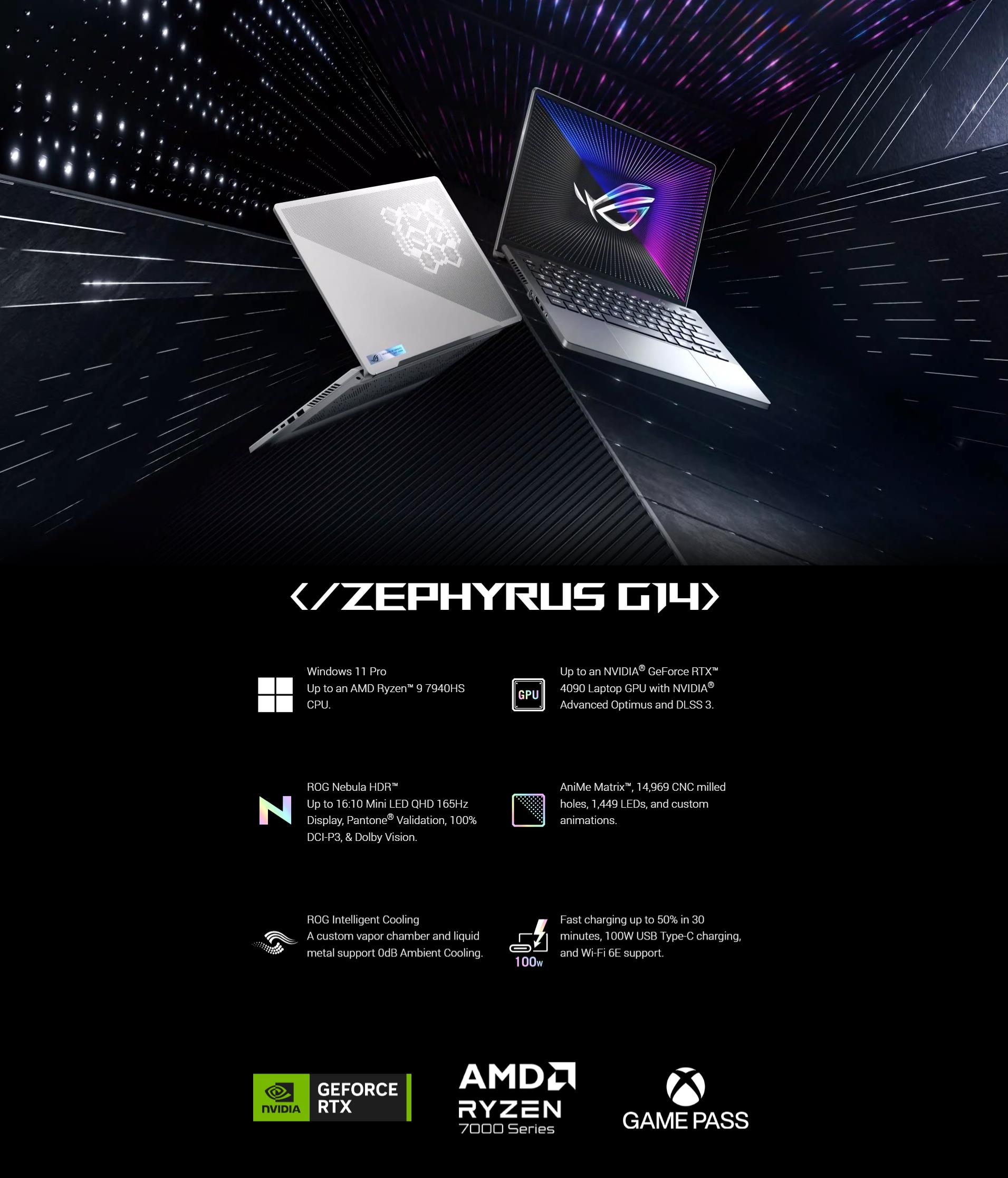 A large marketing image providing additional information about the product ASUS ROG Zephyrus G14 (GA402) - 14" 165Hz, Ryzen 9, RTX 4060, 16GB/512GB - Win 11 Gaming Notebook - Additional alt info not provided