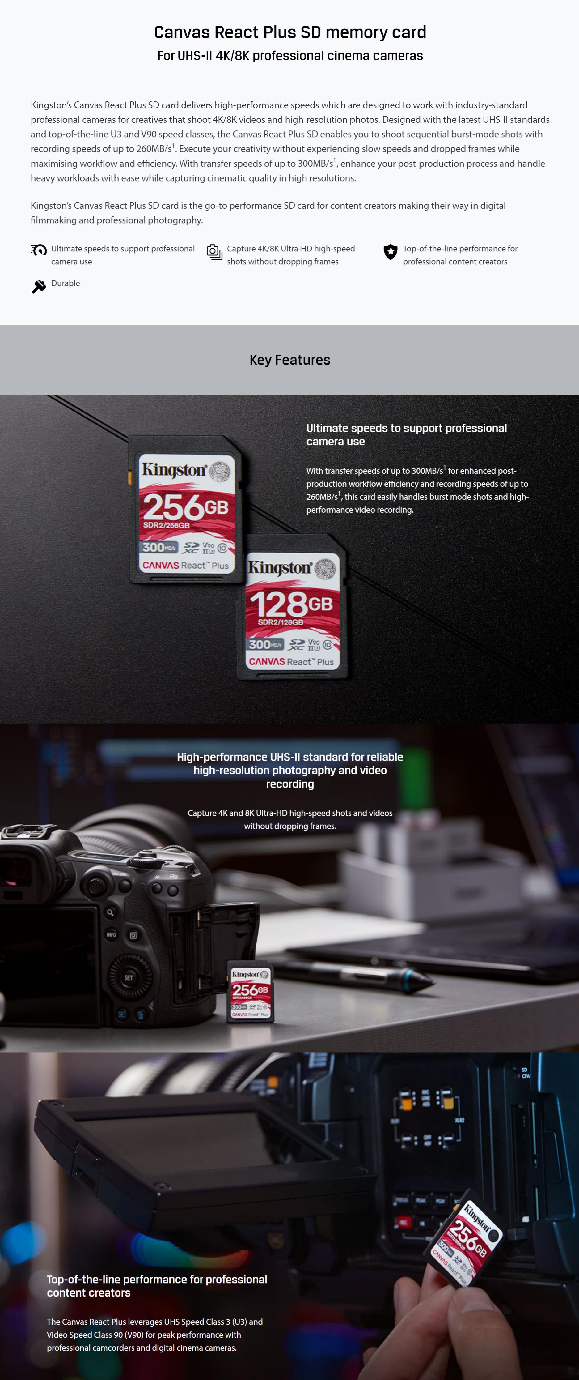 A large marketing image providing additional information about the product Kingston Canvas React Plus SD 128GB - Additional alt info not provided