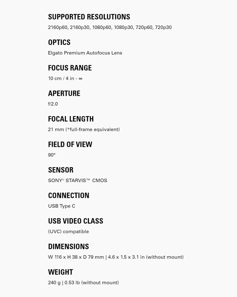 A large marketing image providing additional information about the product Elgato Facecam Pro 4K 60FPS Webcam - Additional alt info not provided