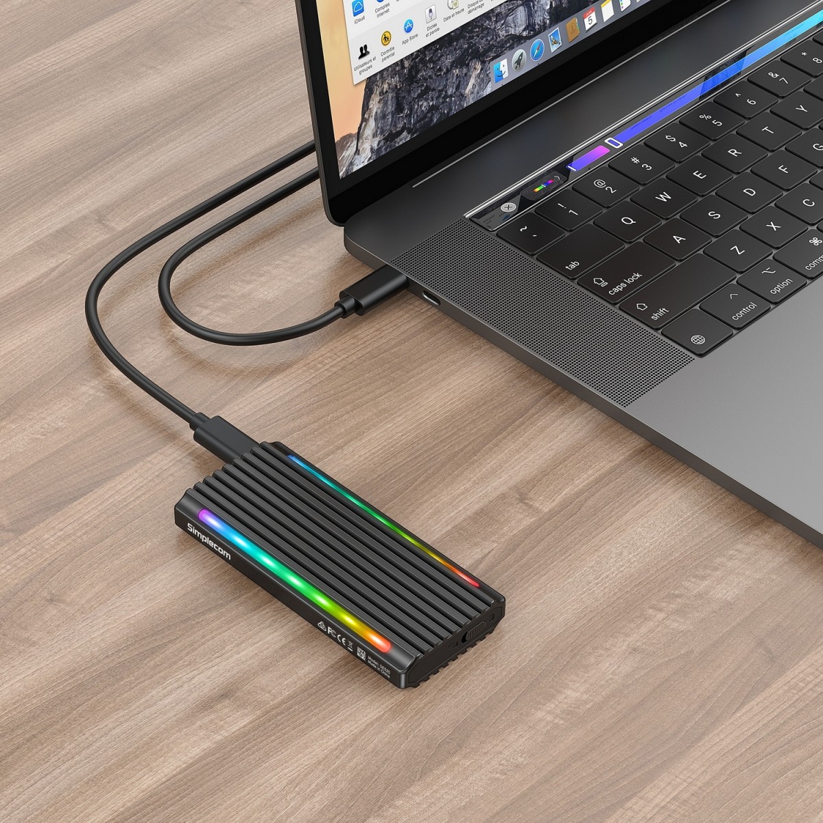 A large marketing image providing additional information about the product Simplecom SE525 NVMe / SATA M.2 SSD USB-C Enclosure with RGB Light USB 3.2 Gen 2 10Gbps - Additional alt info not provided