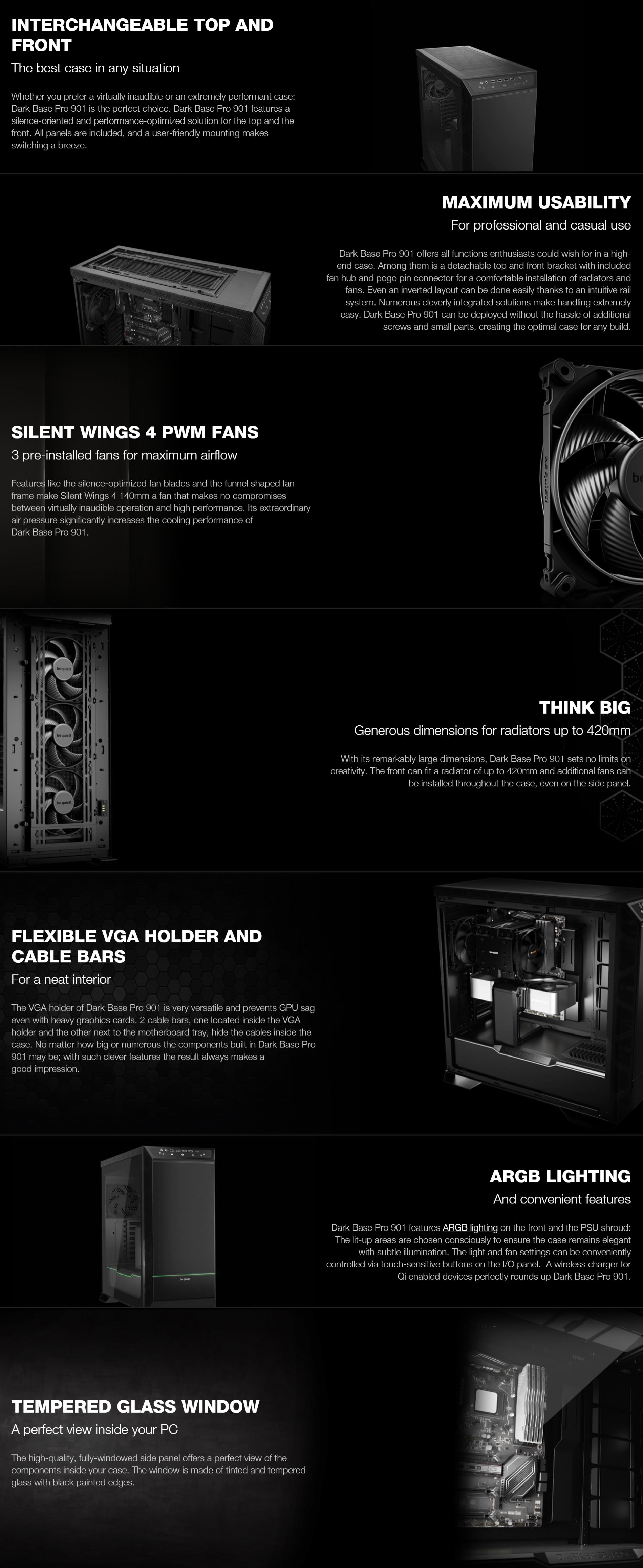 A large marketing image providing additional information about the product be quiet! Dark Base Pro 901 Full Tower Case - Black - Additional alt info not provided
