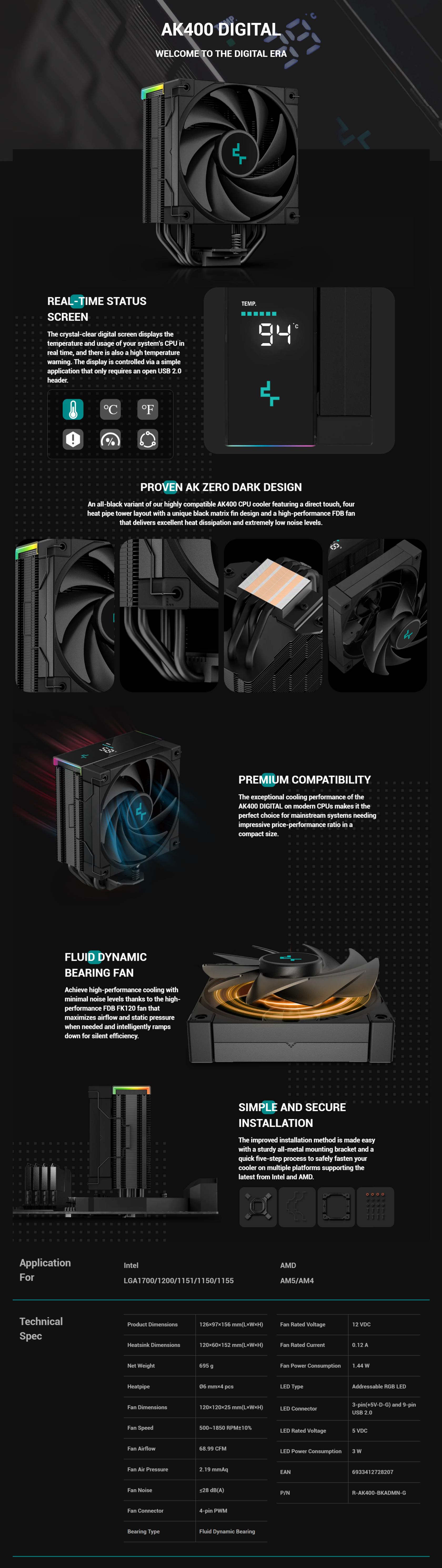 A large marketing image providing additional information about the product DeepCool AK400 Digital CPU Cooler - Black - Additional alt info not provided