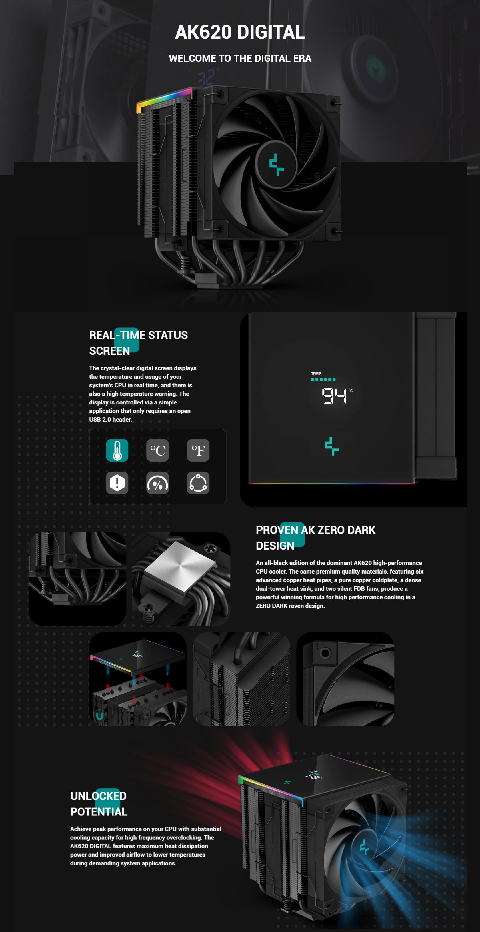 A large marketing image providing additional information about the product DeepCool AK620 Digital CPU Cooler - Black - Additional alt info not provided