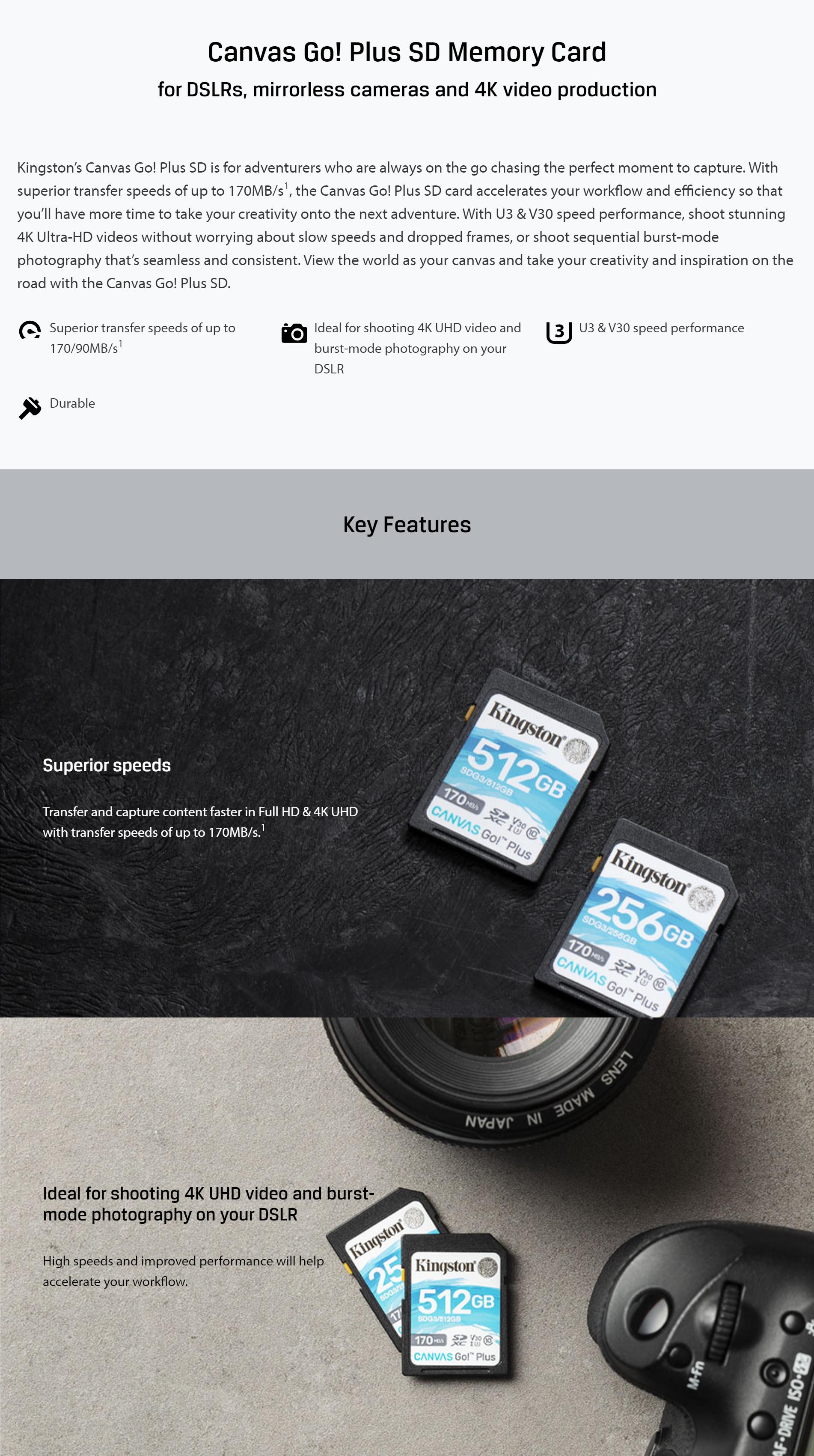 A large marketing image providing additional information about the product Kingston Canvas Go! Plus 128GB SD Card - Additional alt info not provided