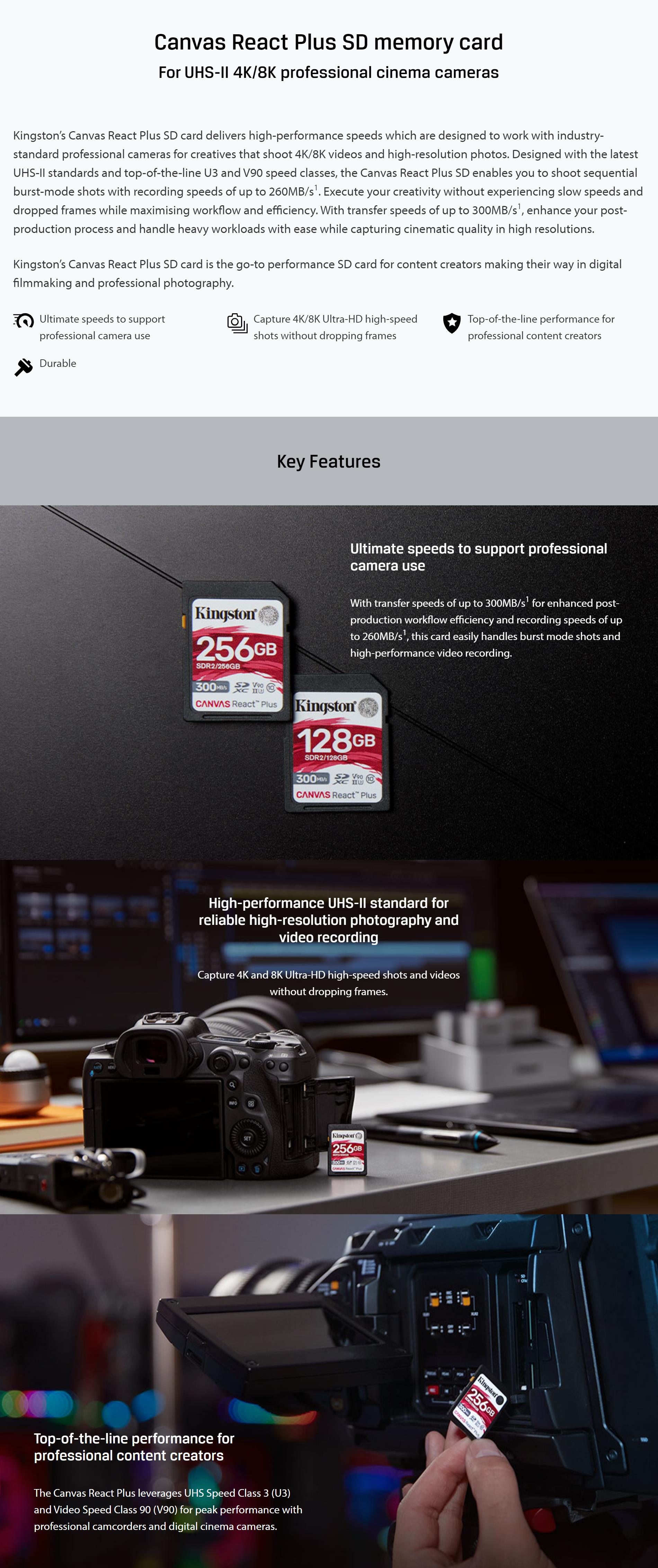 A large marketing image providing additional information about the product Kingston Canvas React Plus 32GB SD Card - Additional alt info not provided