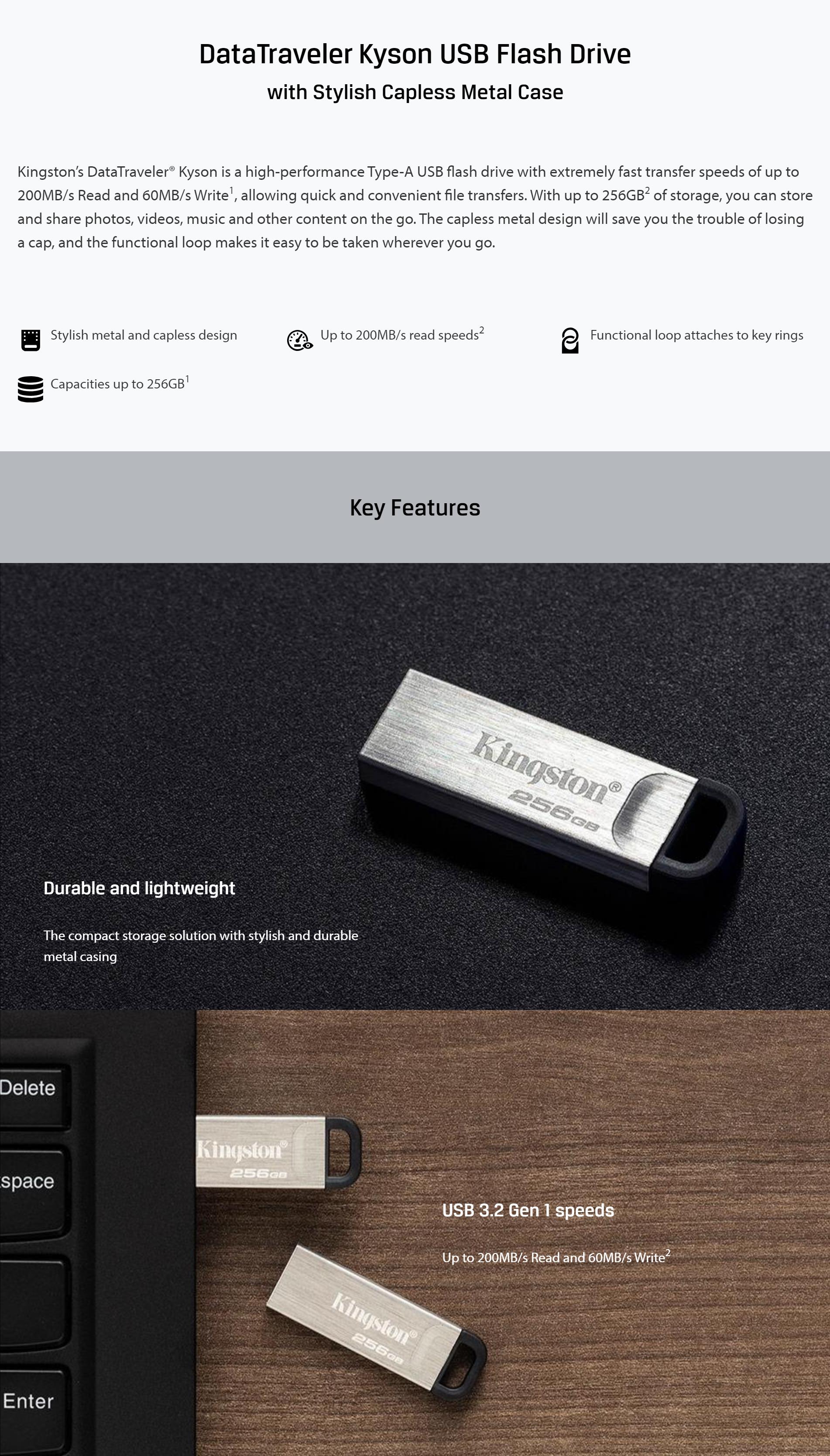 A large marketing image providing additional information about the product Kingston DataTraveler Kyson USB 3.2 256GB Flash Drive - Additional alt info not provided