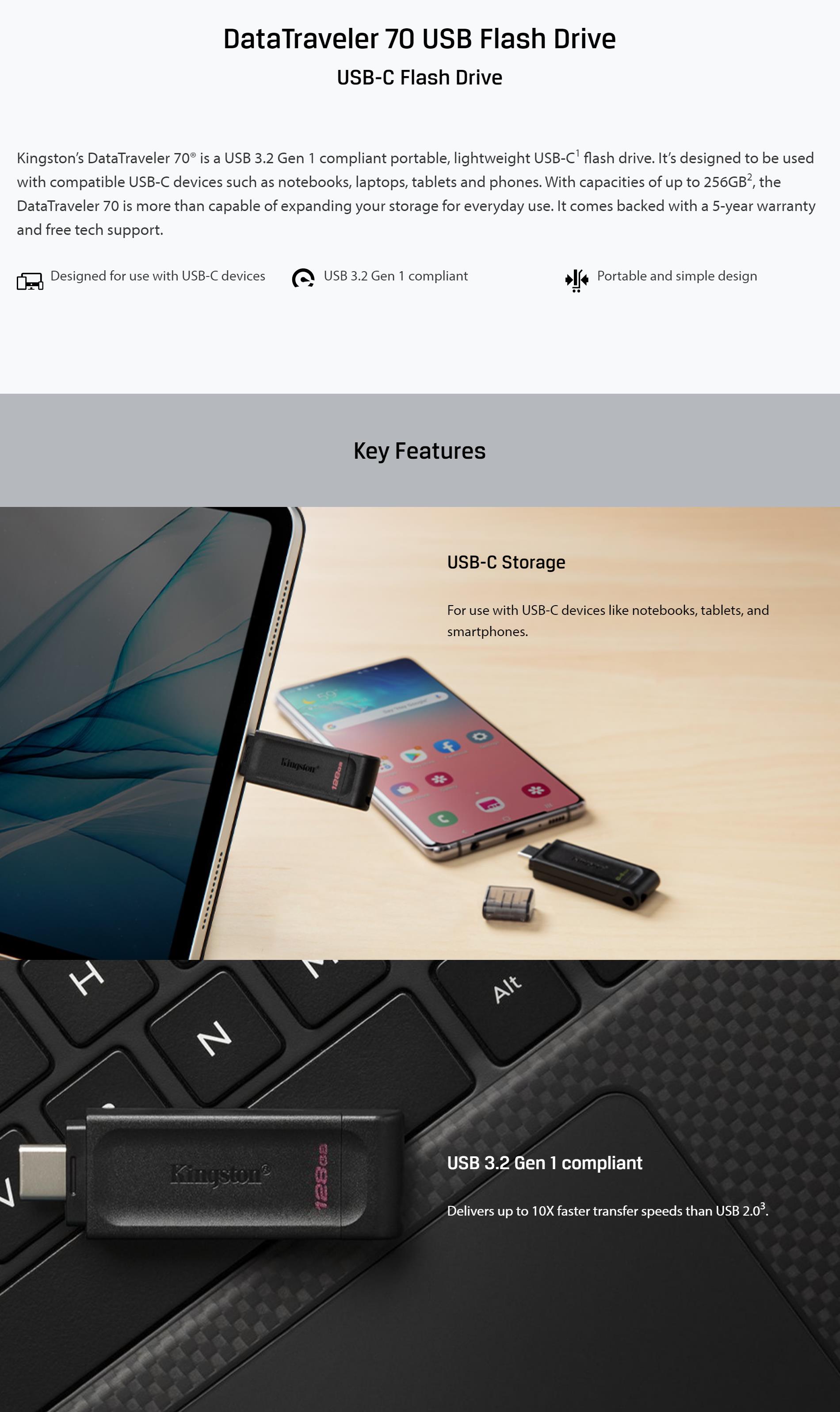 A large marketing image providing additional information about the product Kingston DataTraveler 70 USB Type-C 64GB Flash Drive - Additional alt info not provided