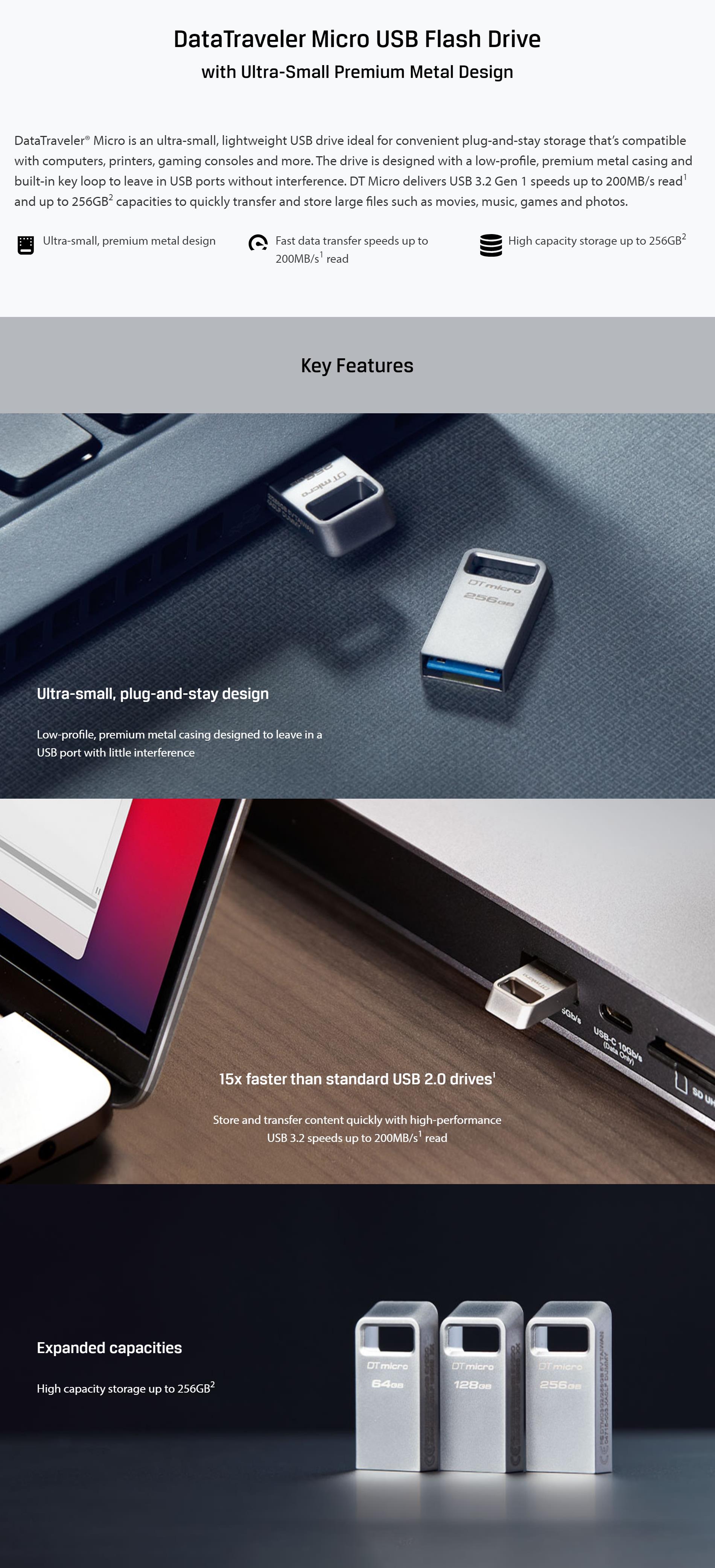 A large marketing image providing additional information about the product Kingston DataTraveler Micro USB 3.2 128GB Flash Drive - Additional alt info not provided