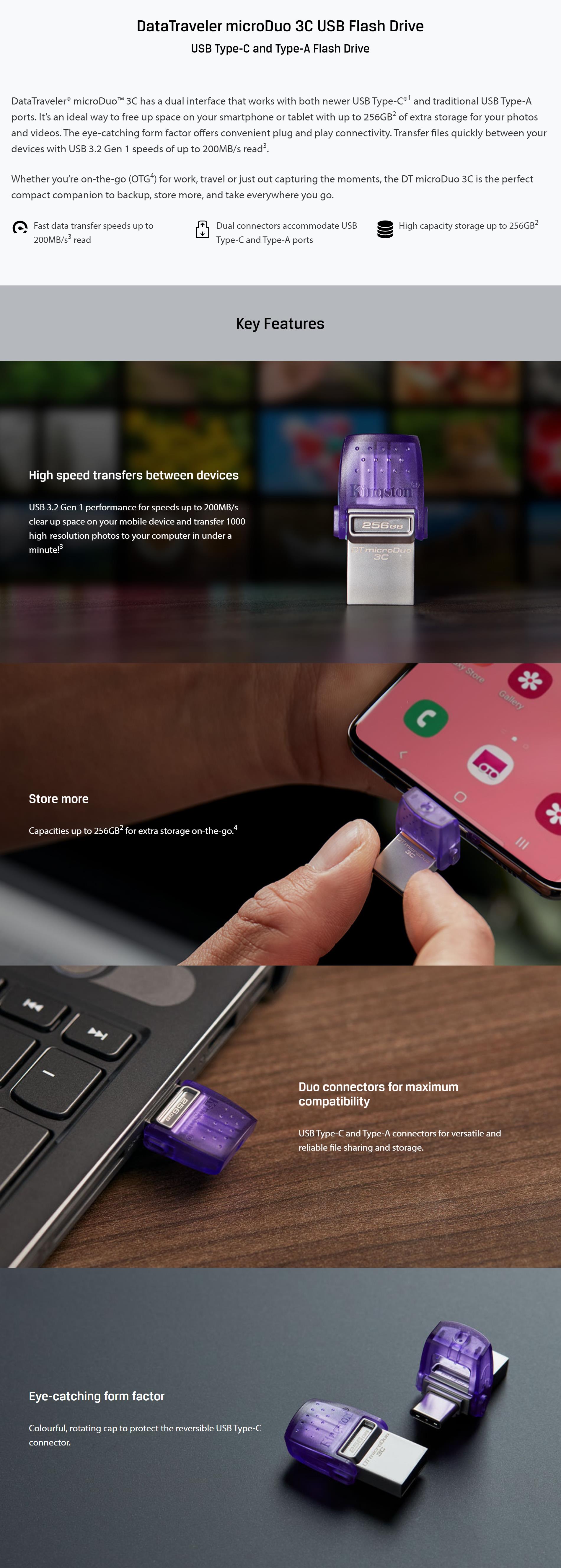 A large marketing image providing additional information about the product Kingston DataTraveler microDuo 3C USB 64GB Flash Drive - Additional alt info not provided