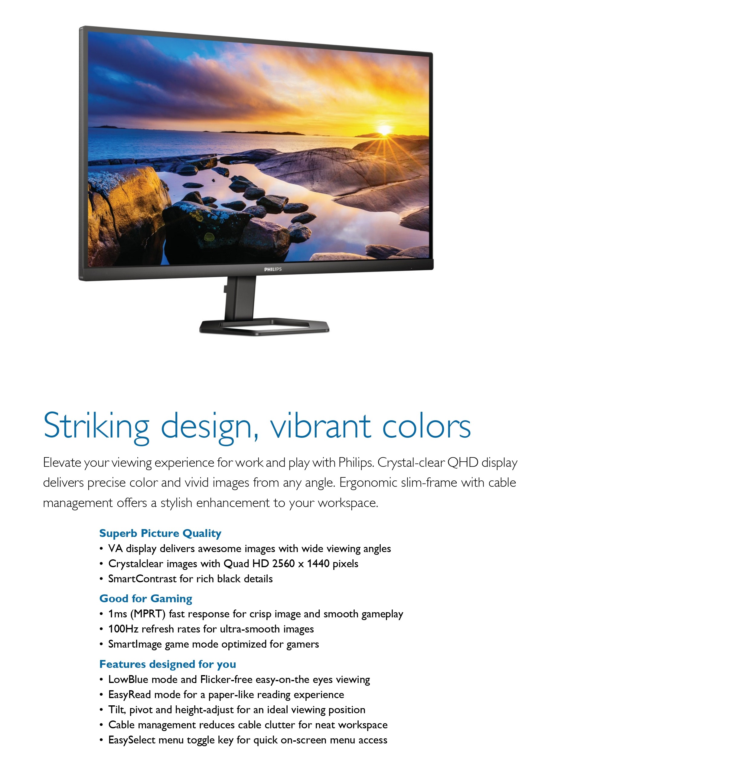 A large marketing image providing additional information about the product Philips 27E1N5500LB 27" QHD 100Hz VA Monitor - Additional alt info not provided